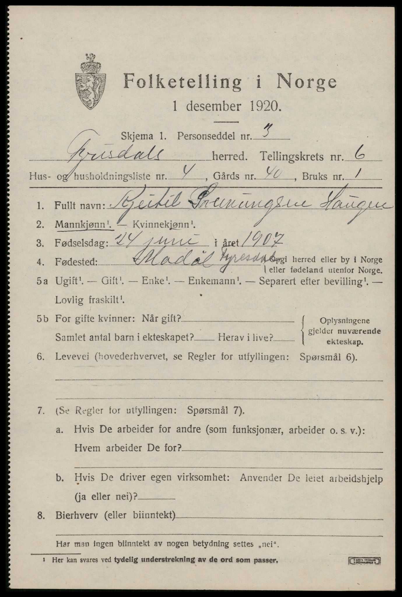 SAKO, 1920 census for Fyresdal, 1920, p. 2323