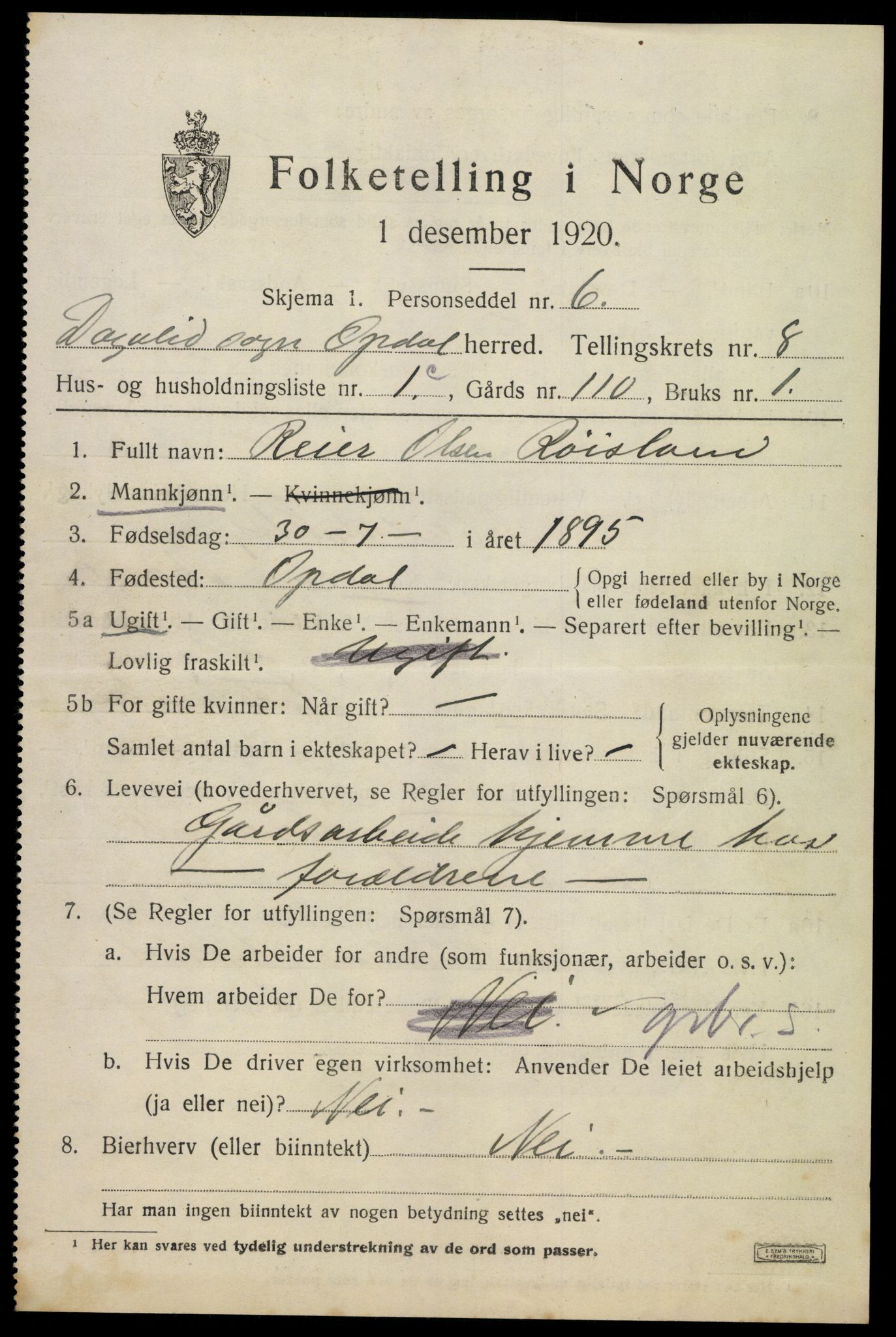 SAKO, 1920 census for Uvdal, 1920, p. 3085