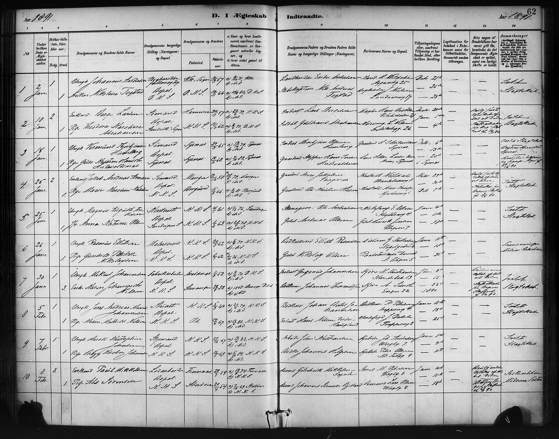 Korskirken sokneprestembete, SAB/A-76101/H/Haa/L0037: Parish register (official) no. D 4, 1883-1904, p. 62
