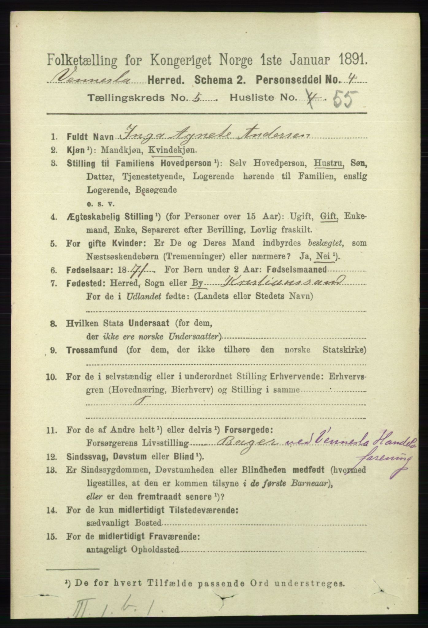 RA, 1891 census for 1014 Vennesla, 1891, p. 1543