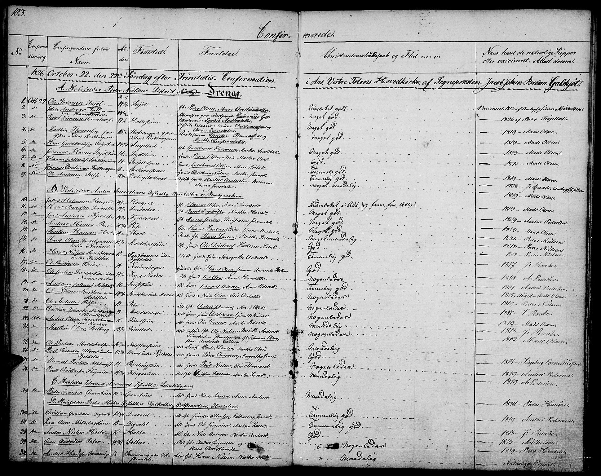 Vestre Toten prestekontor, SAH/PREST-108/H/Ha/Haa/L0002: Parish register (official) no. 2, 1825-1837, p. 103