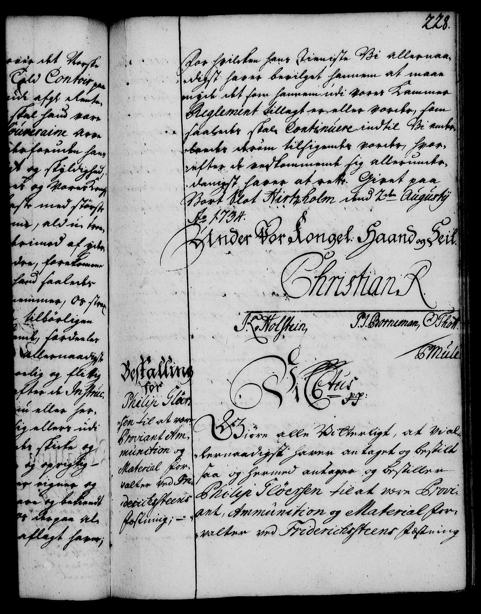 Rentekammeret, Kammerkanselliet, RA/EA-3111/G/Gg/Gge/L0002: Norsk bestallingsprotokoll med register (merket RK 53.26), 1730-1744, p. 228