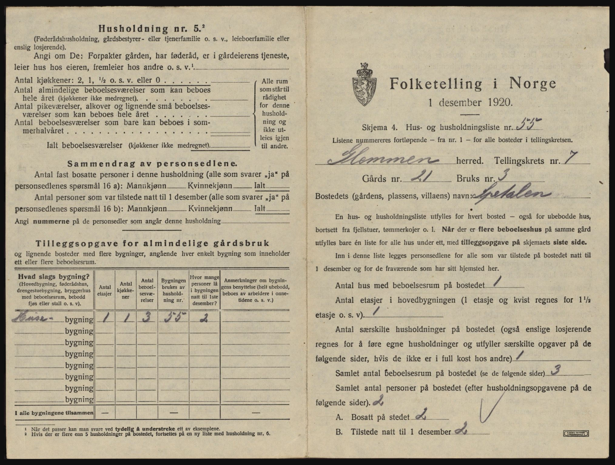 SAO, 1920 census for Glemmen, 1920, p. 2865