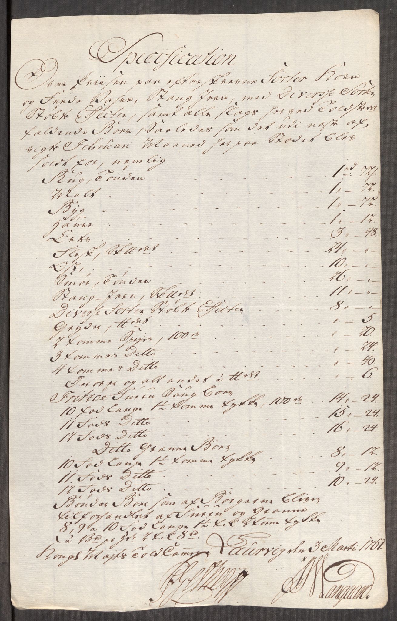 Rentekammeret inntil 1814, Realistisk ordnet avdeling, RA/EA-4070/Oe/L0007: [Ø1]: Priskuranter, 1761-1763, p. 166