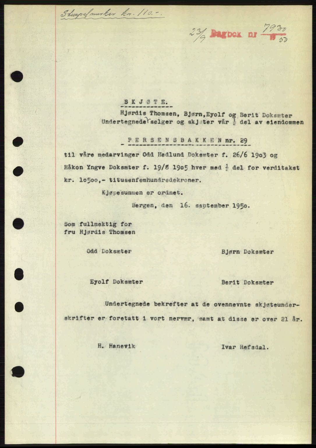 Byfogd og Byskriver i Bergen, AV/SAB-A-3401/03/03Bc/L0033: Mortgage book no. A26-27, 1950-1950, Diary no: : 7930/1950