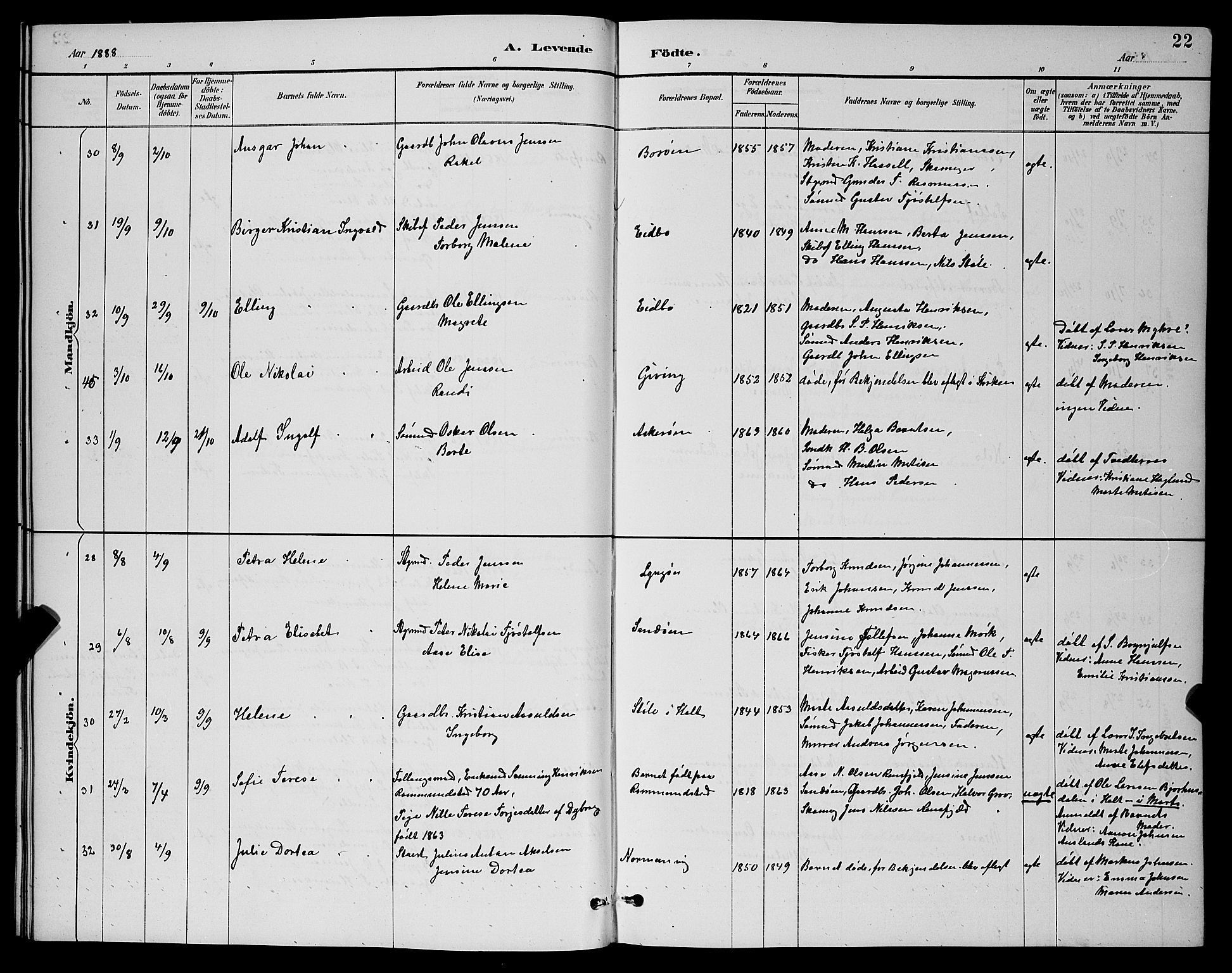 Dypvåg sokneprestkontor, AV/SAK-1111-0007/F/Fb/Fba/L0013: Parish register (copy) no. B 13, 1887-1900, p. 22