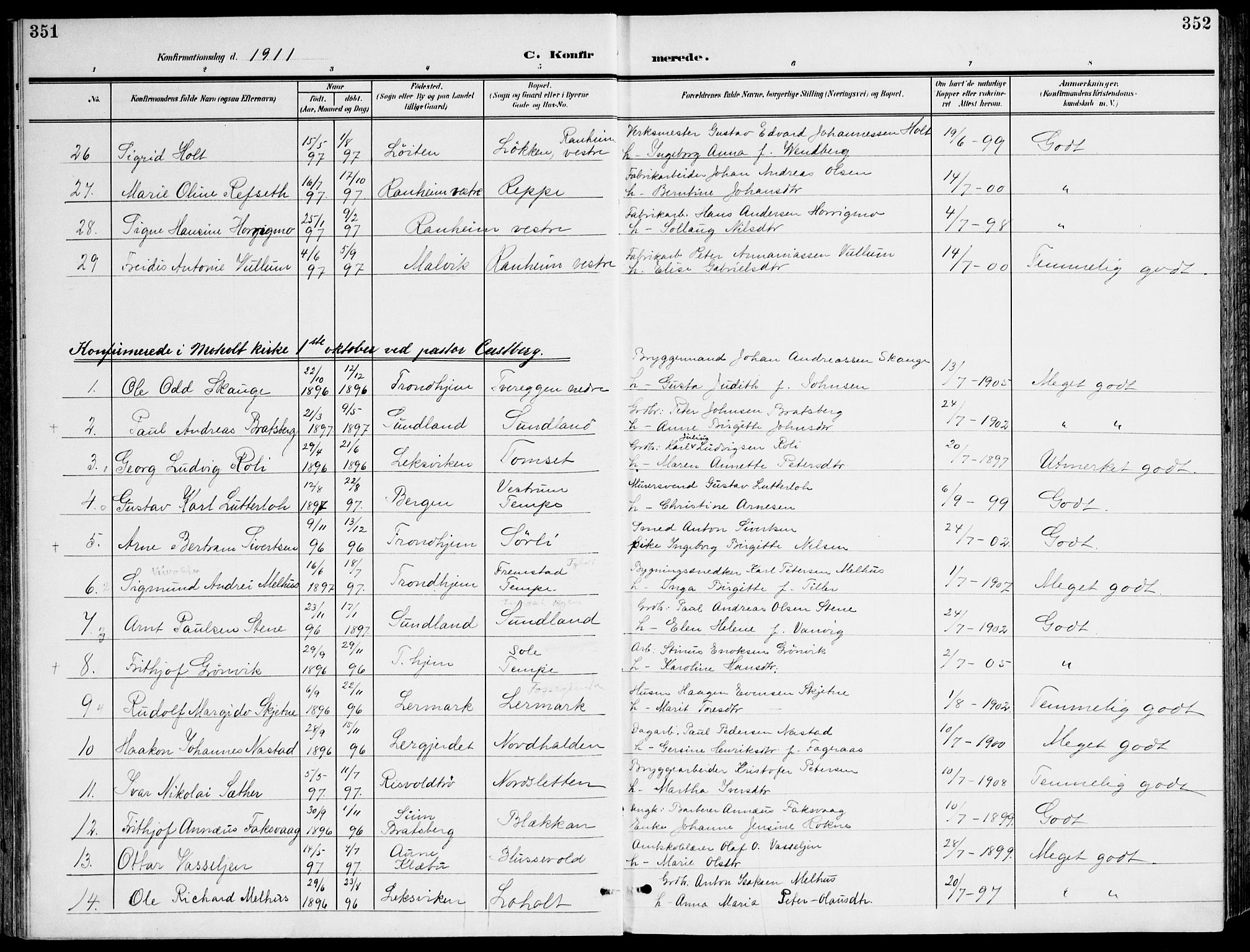 Ministerialprotokoller, klokkerbøker og fødselsregistre - Sør-Trøndelag, AV/SAT-A-1456/607/L0320: Parish register (official) no. 607A04, 1907-1915, p. 351-352