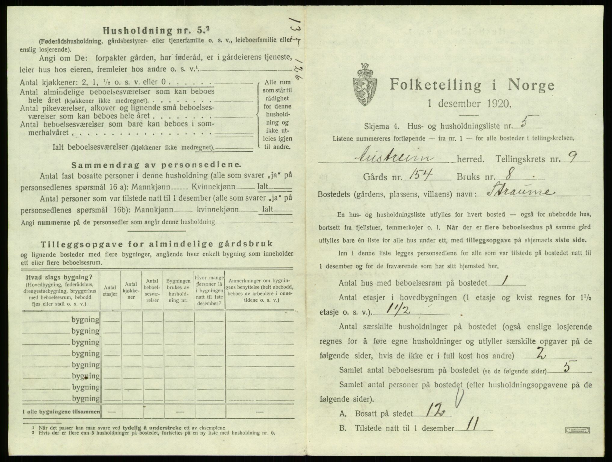 SAB, 1920 census for Austrheim, 1920, p. 429