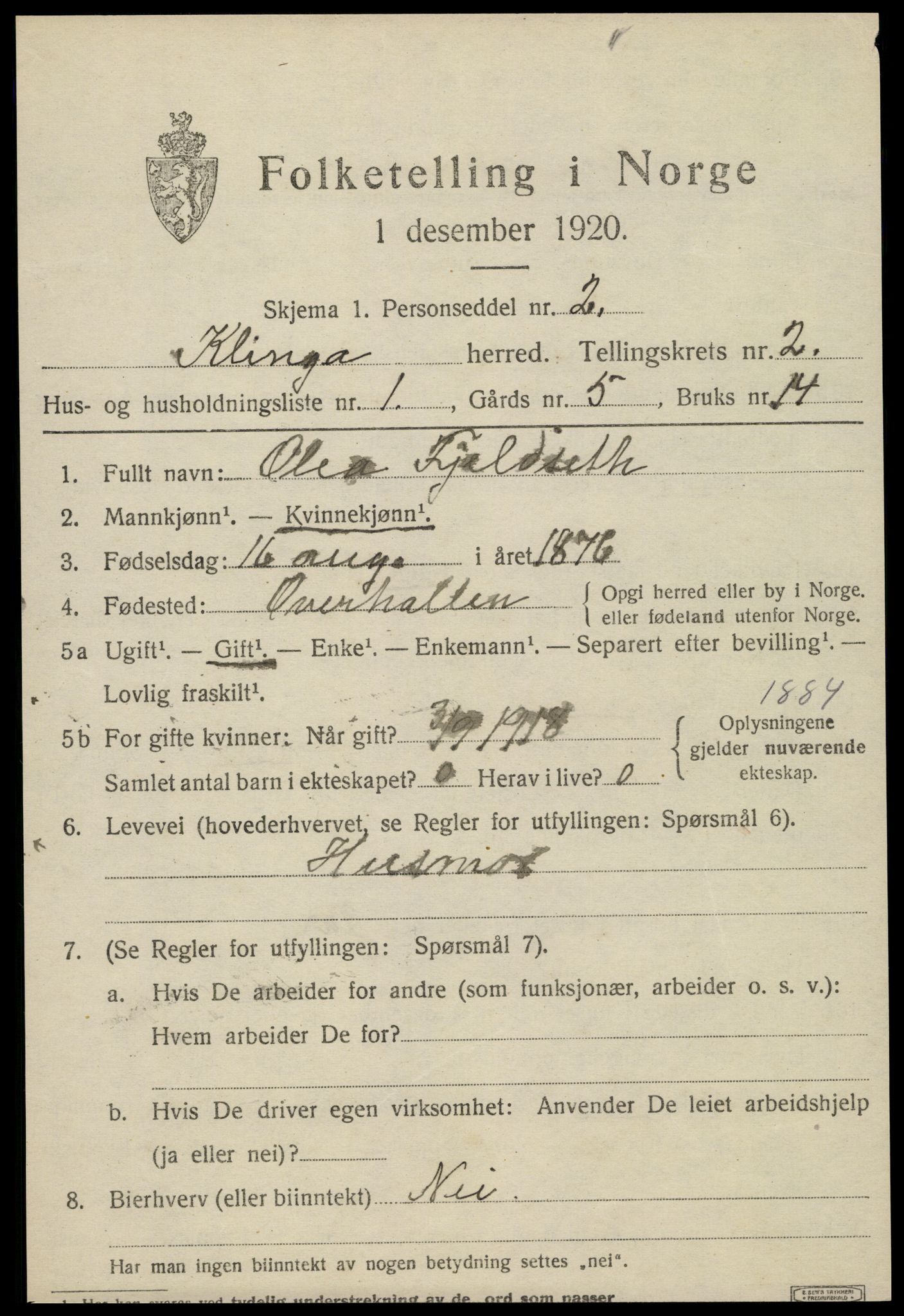 SAT, 1920 census for Klinga, 1920, p. 1403