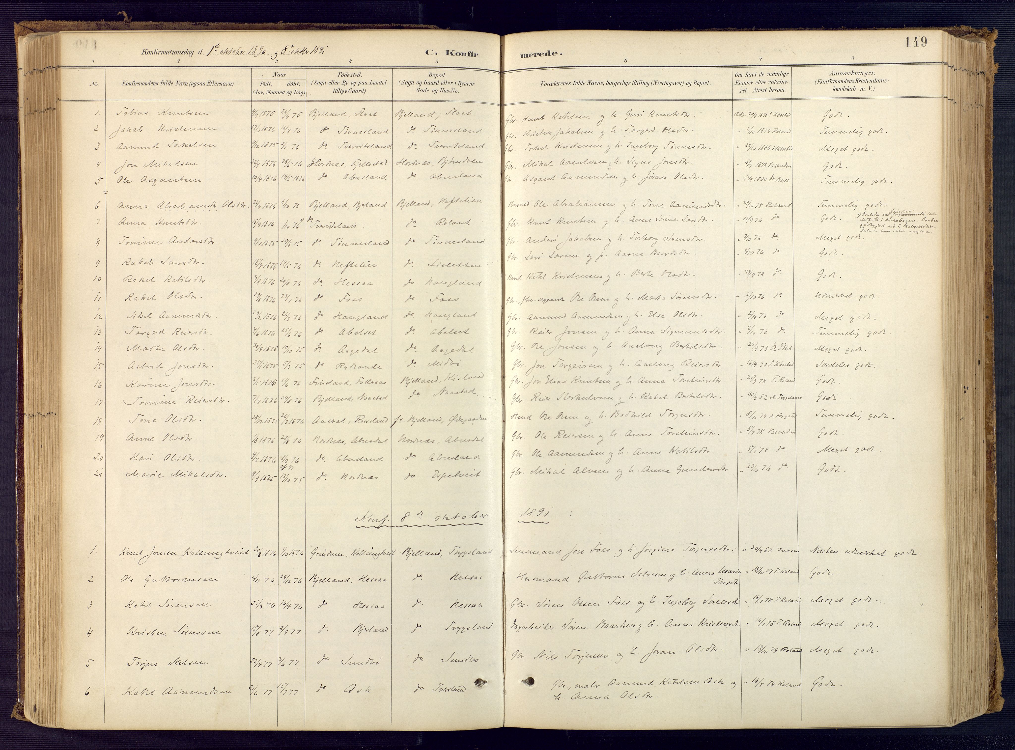 Bjelland sokneprestkontor, AV/SAK-1111-0005/F/Fa/Faa/L0004: Parish register (official) no. A 4, 1887-1923, p. 149