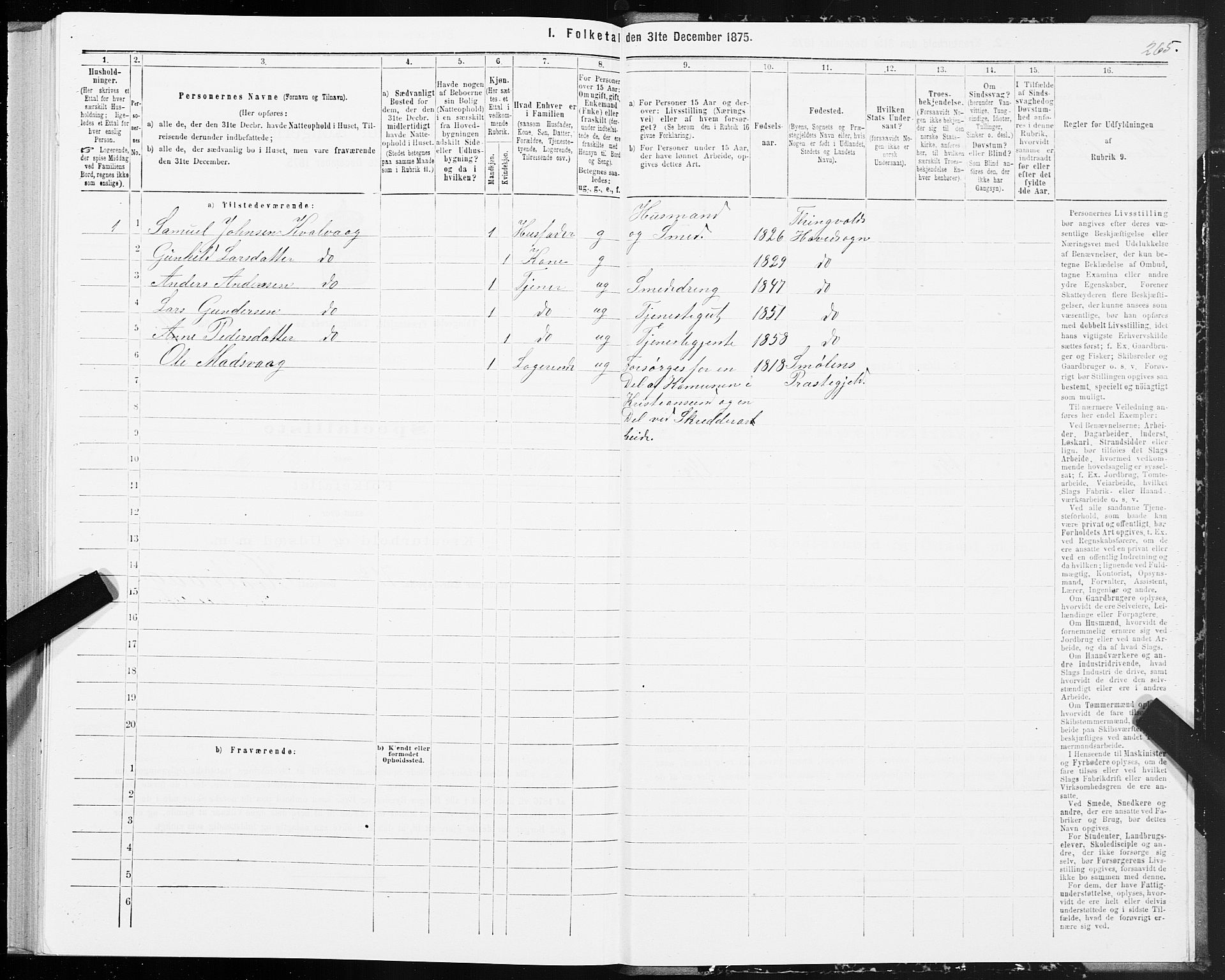 SAT, 1875 census for 1560P Tingvoll, 1875, p. 1265