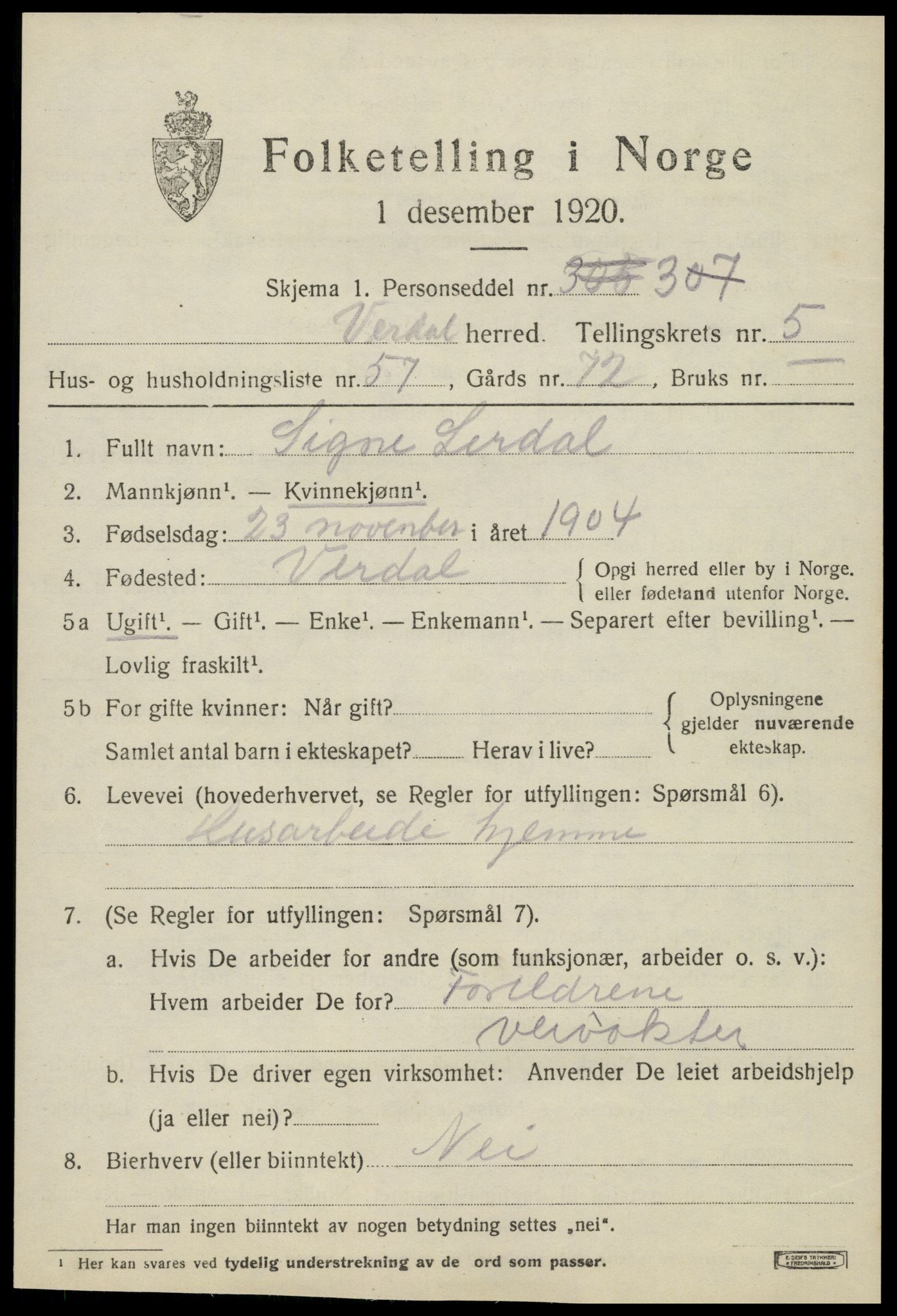 SAT, 1920 census for Verdal, 1920, p. 9181