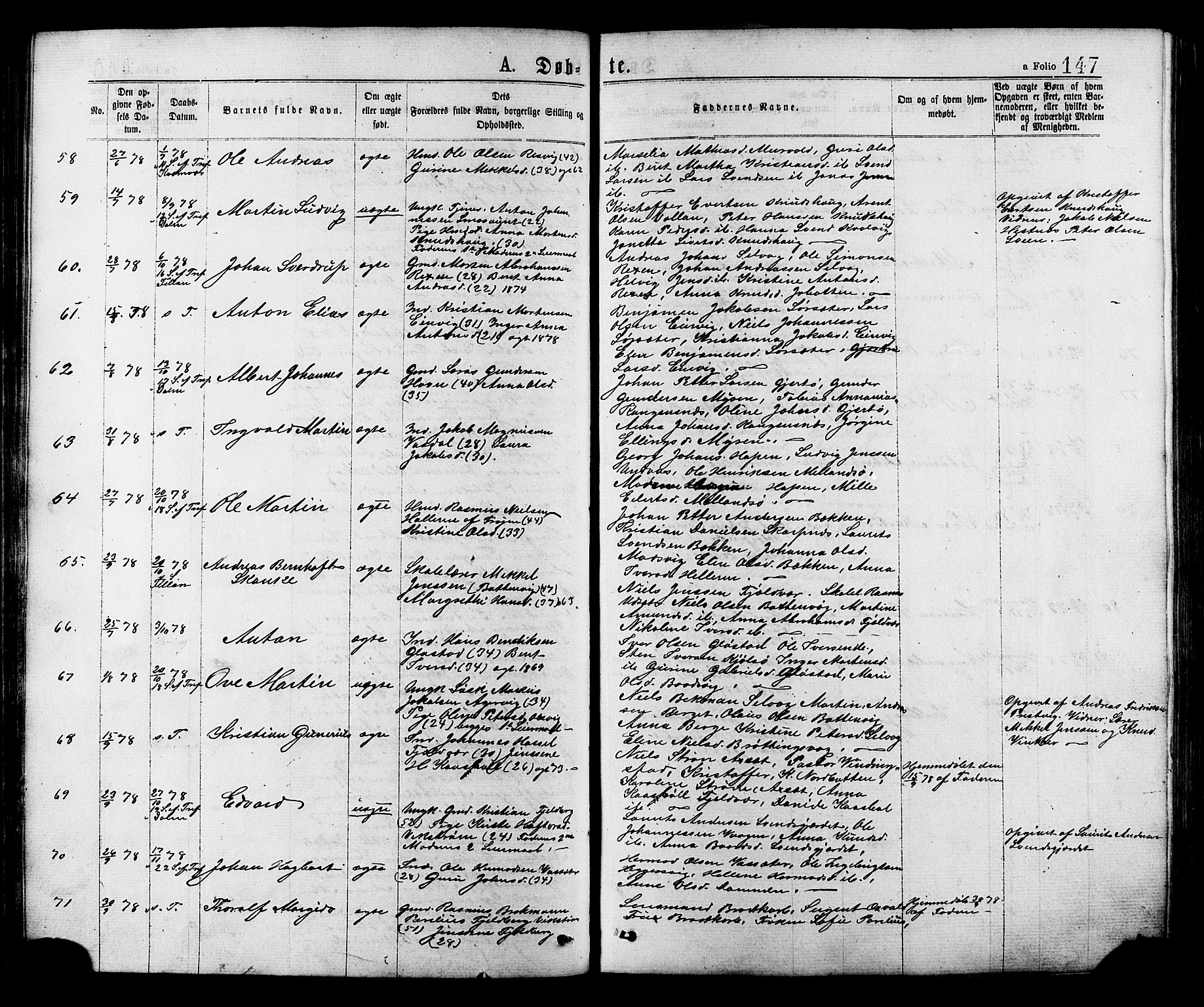 Ministerialprotokoller, klokkerbøker og fødselsregistre - Sør-Trøndelag, SAT/A-1456/634/L0532: Parish register (official) no. 634A08, 1871-1881, p. 147