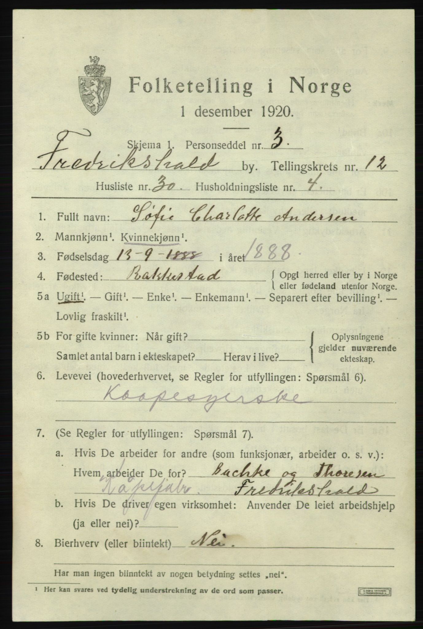 SAO, 1920 census for Fredrikshald, 1920, p. 20587