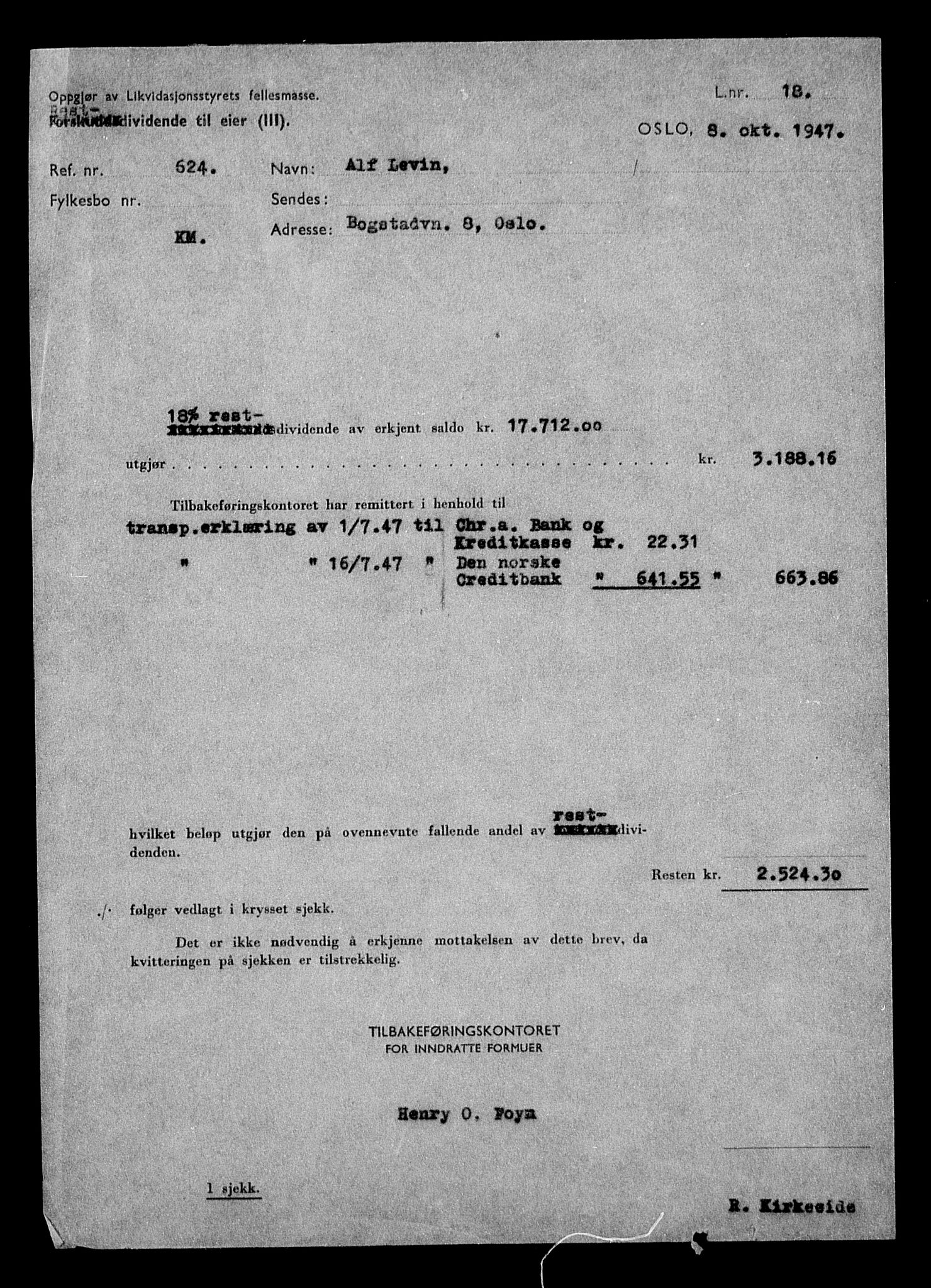 Justisdepartementet, Tilbakeføringskontoret for inndratte formuer, AV/RA-S-1564/H/Hc/Hcc/L0957: --, 1945-1947, p. 9