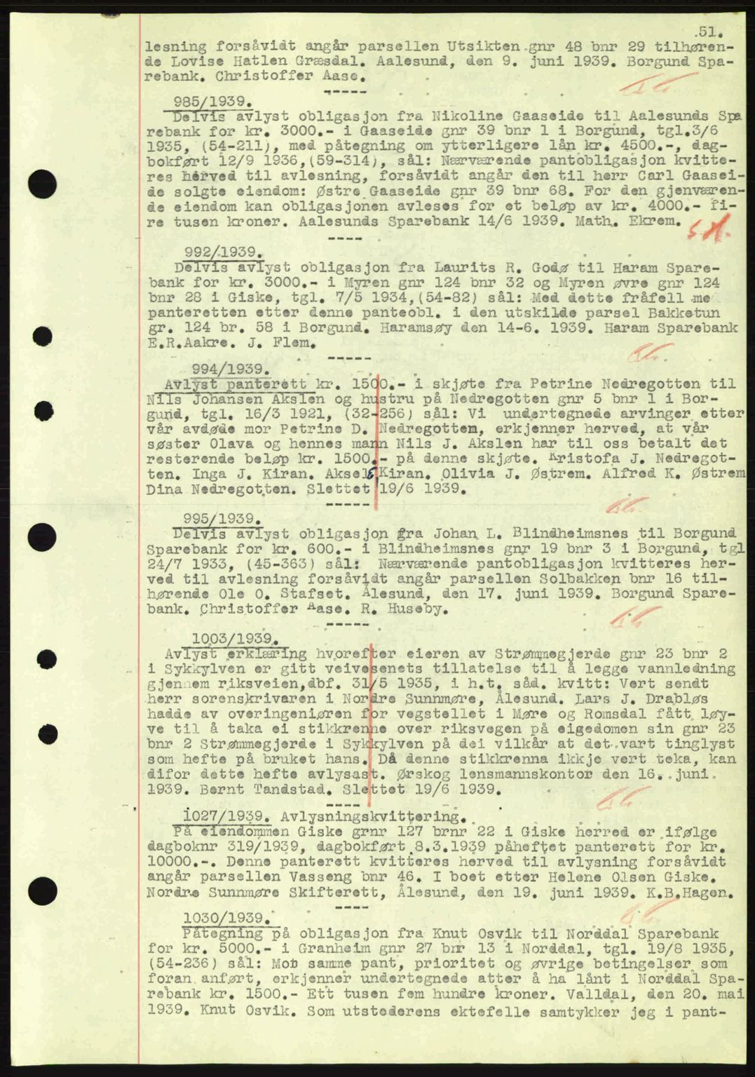 Nordre Sunnmøre sorenskriveri, SAT/A-0006/1/2/2C/2Ca: Mortgage book no. B1-6, 1938-1942, Diary no: : 985/1939