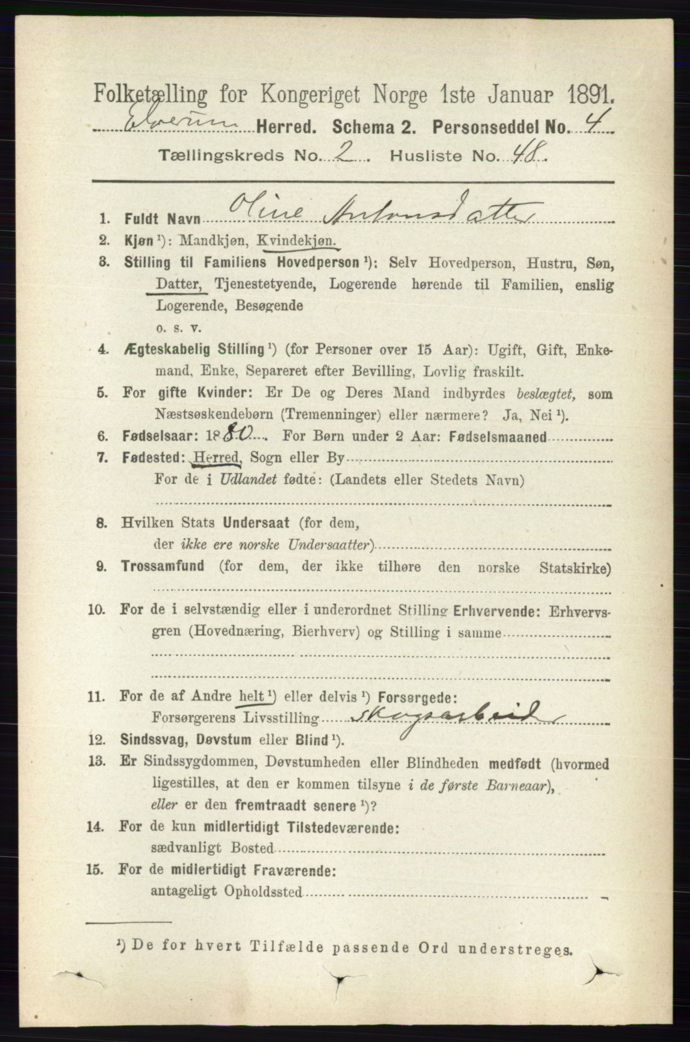 RA, 1891 census for 0427 Elverum, 1891, p. 1508