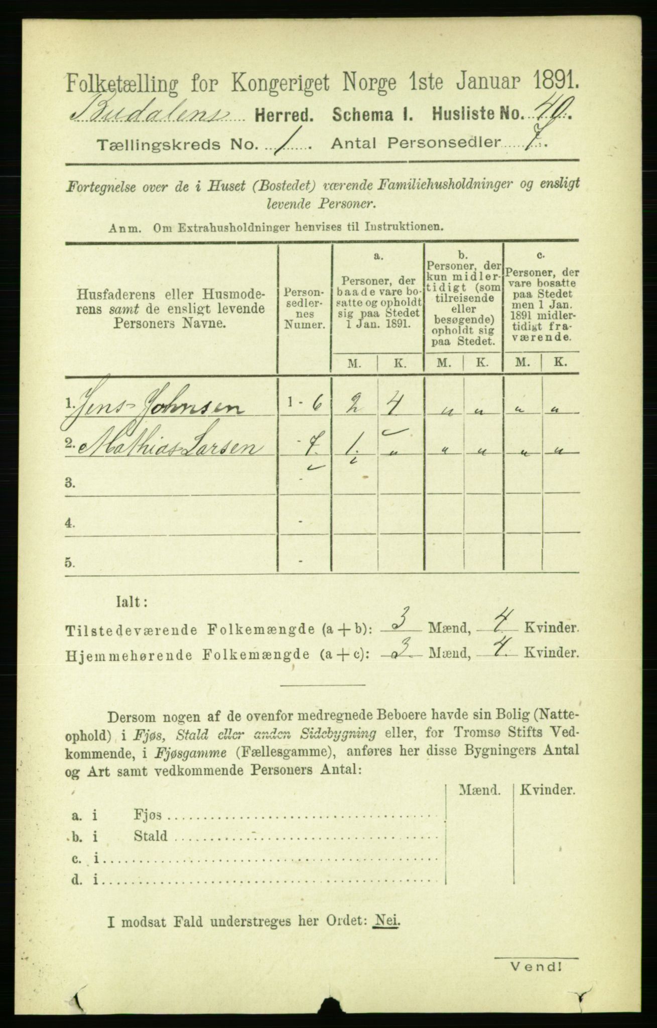 RA, 1891 census for 1647 Budal, 1891, p. 52