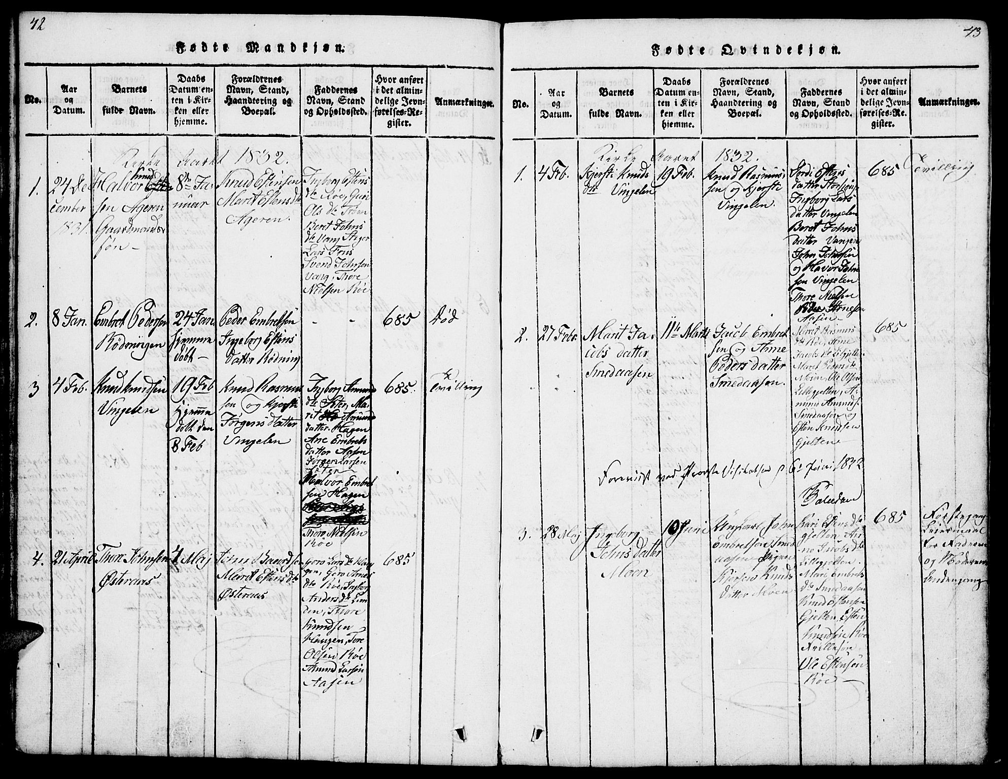 Tolga prestekontor, SAH/PREST-062/L/L0003: Parish register (copy) no. 3, 1815-1862, p. 42-43