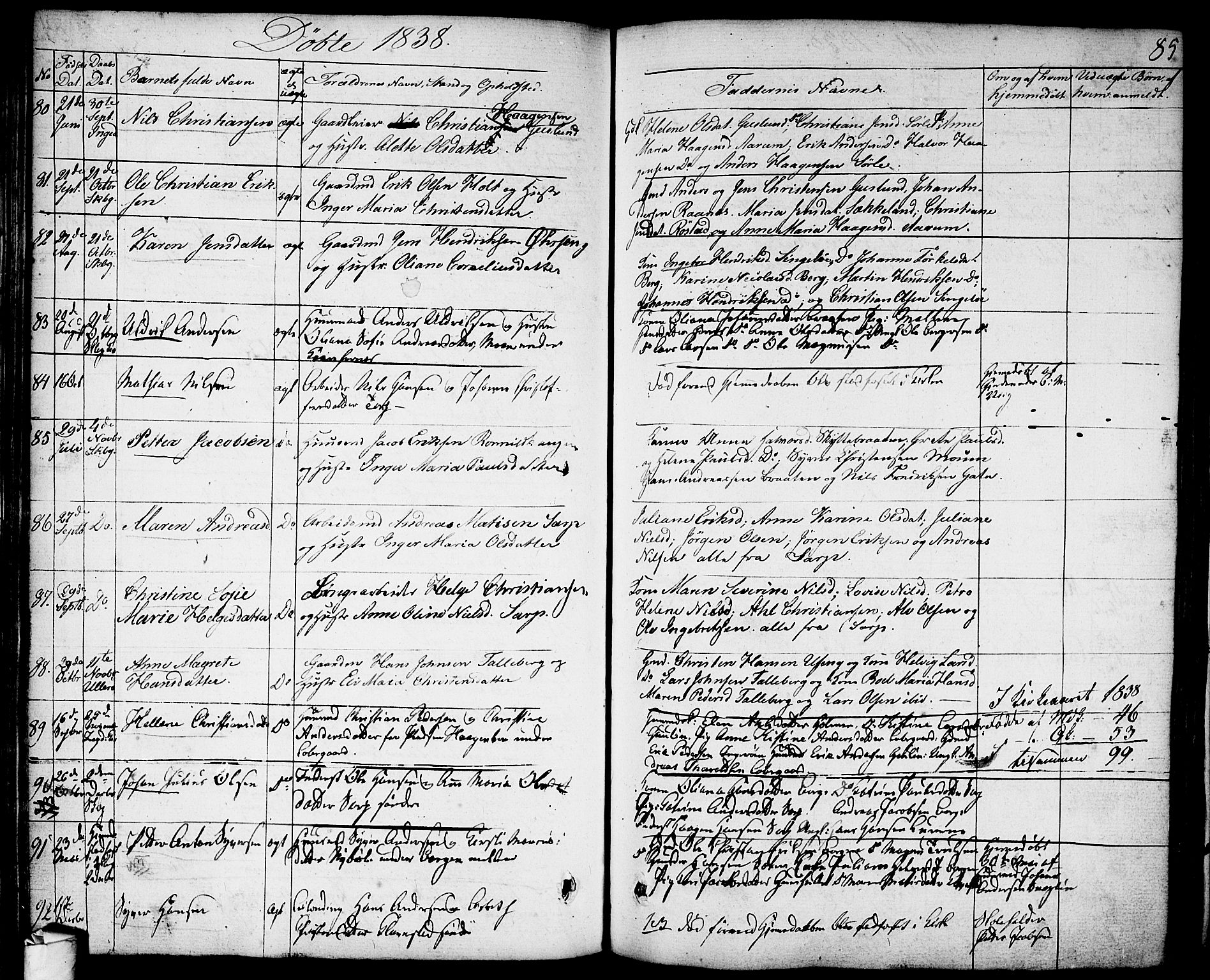 Skjeberg prestekontor Kirkebøker, SAO/A-10923/F/Fa/L0005: Parish register (official) no. I 5, 1830-1845, p. 85