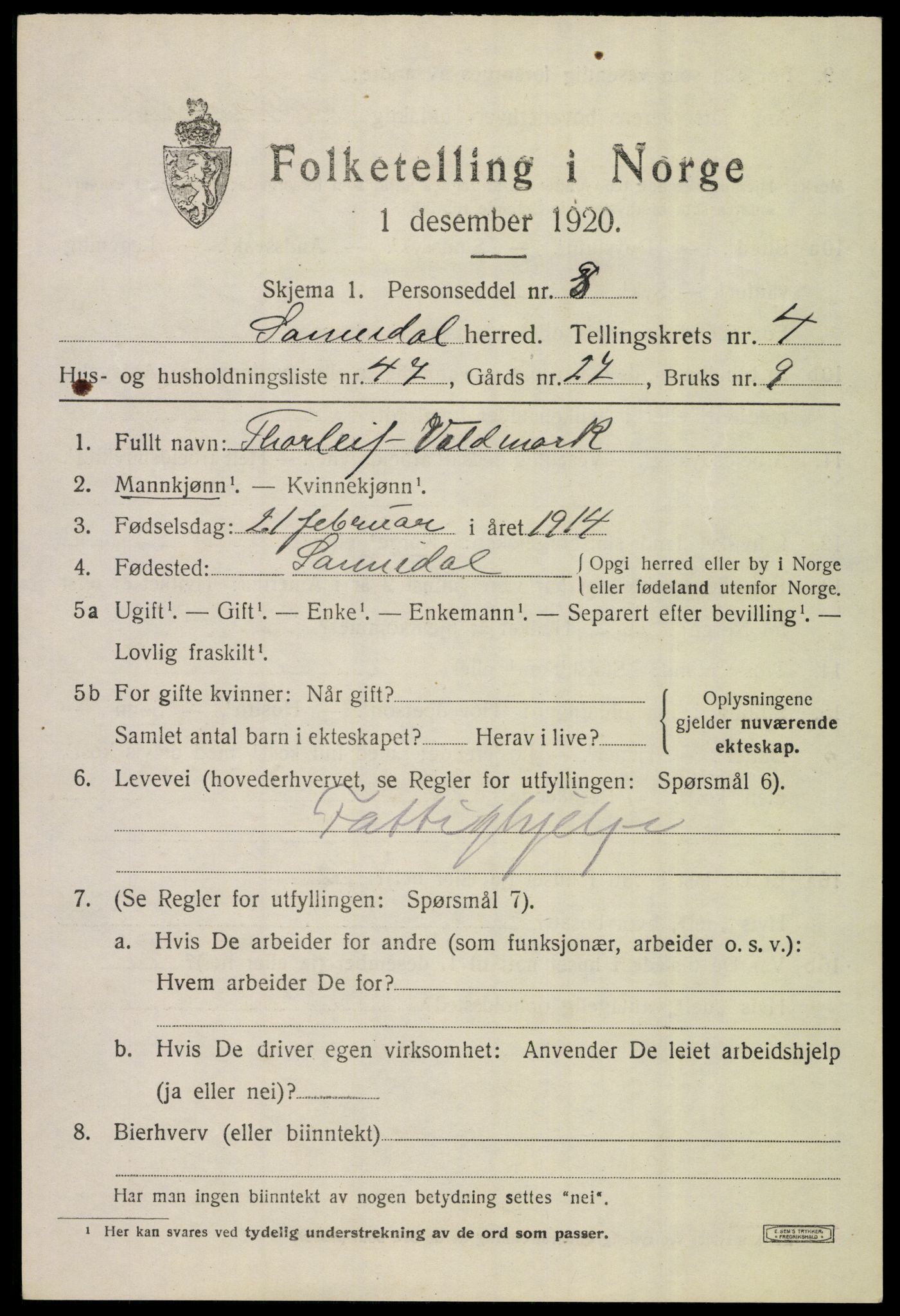 SAKO, 1920 census for Sannidal, 1920, p. 4061