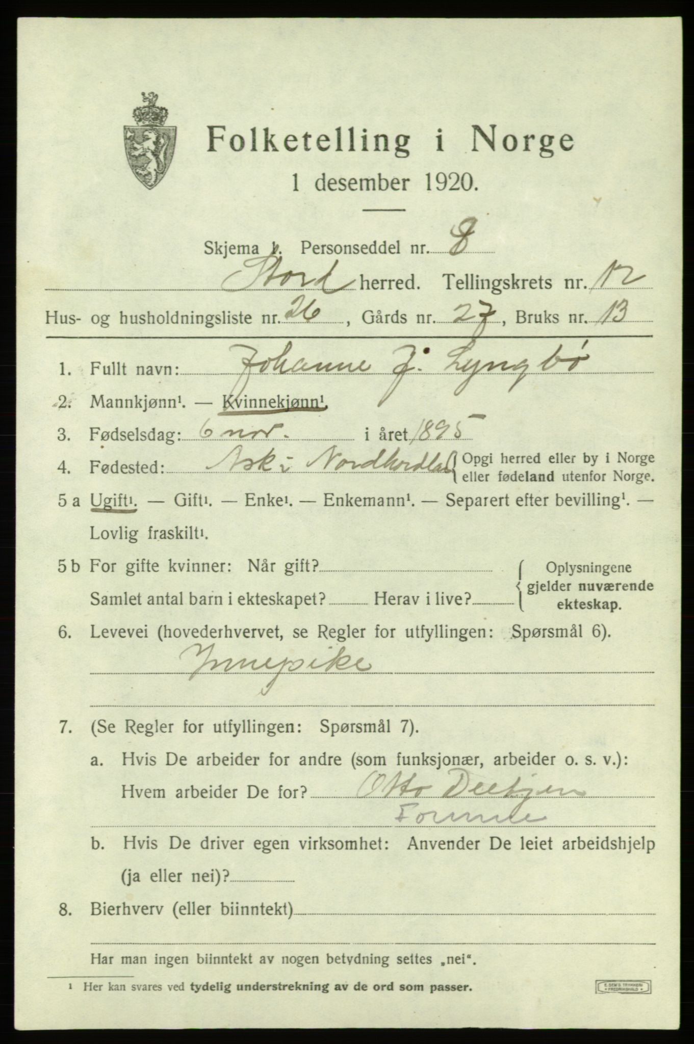 SAB, 1920 census for Stord, 1920, p. 7369