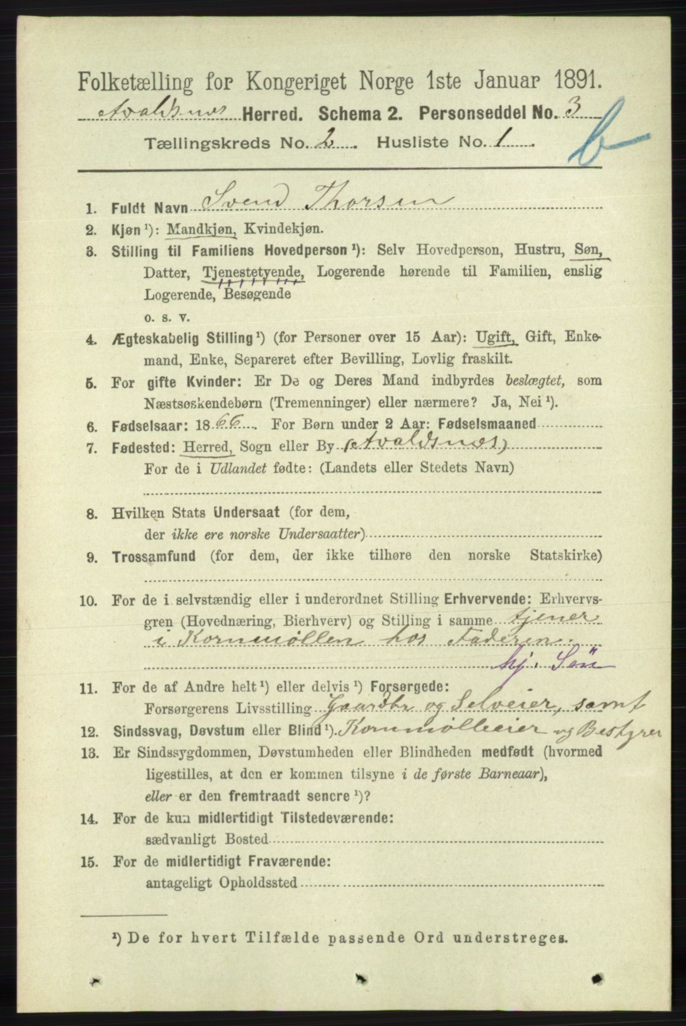 RA, 1891 census for 1147 Avaldsnes, 1891, p. 1990