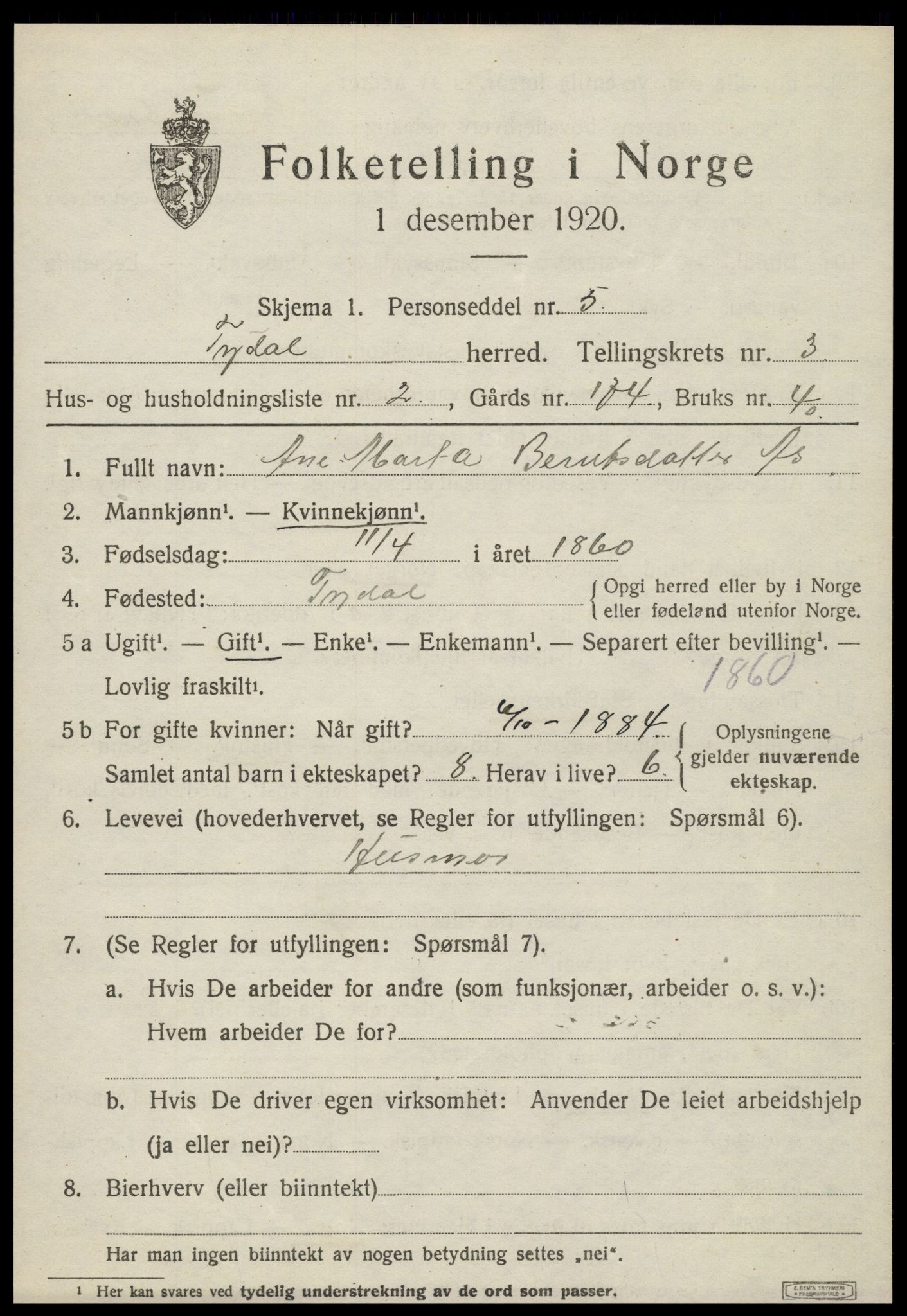 SAT, 1920 census for Tydal, 1920, p. 891