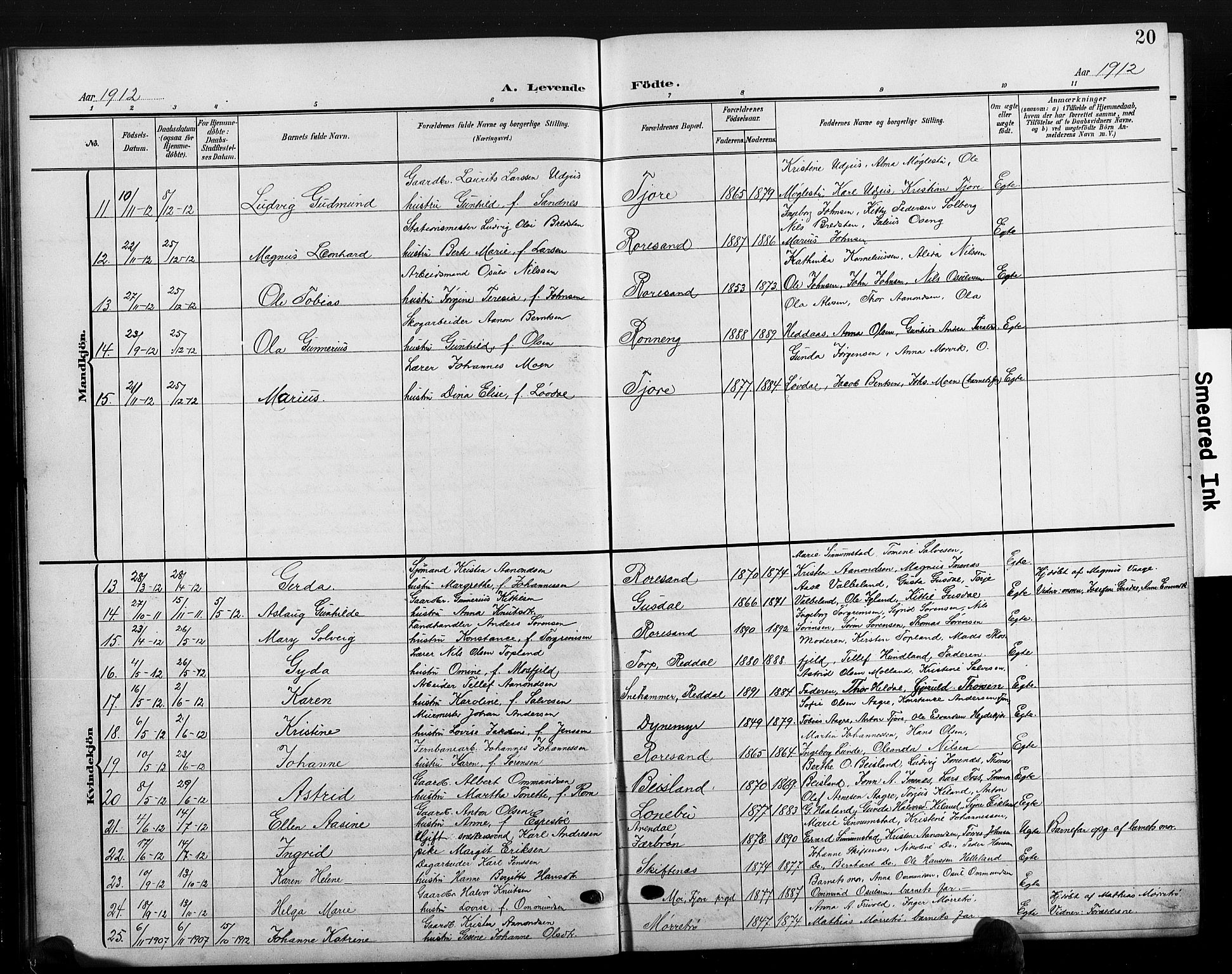 Hommedal sokneprestkontor, AV/SAK-1111-0023/F/Fb/Fbb/L0008: Parish register (copy) no. B 8, 1905-1929, p. 20