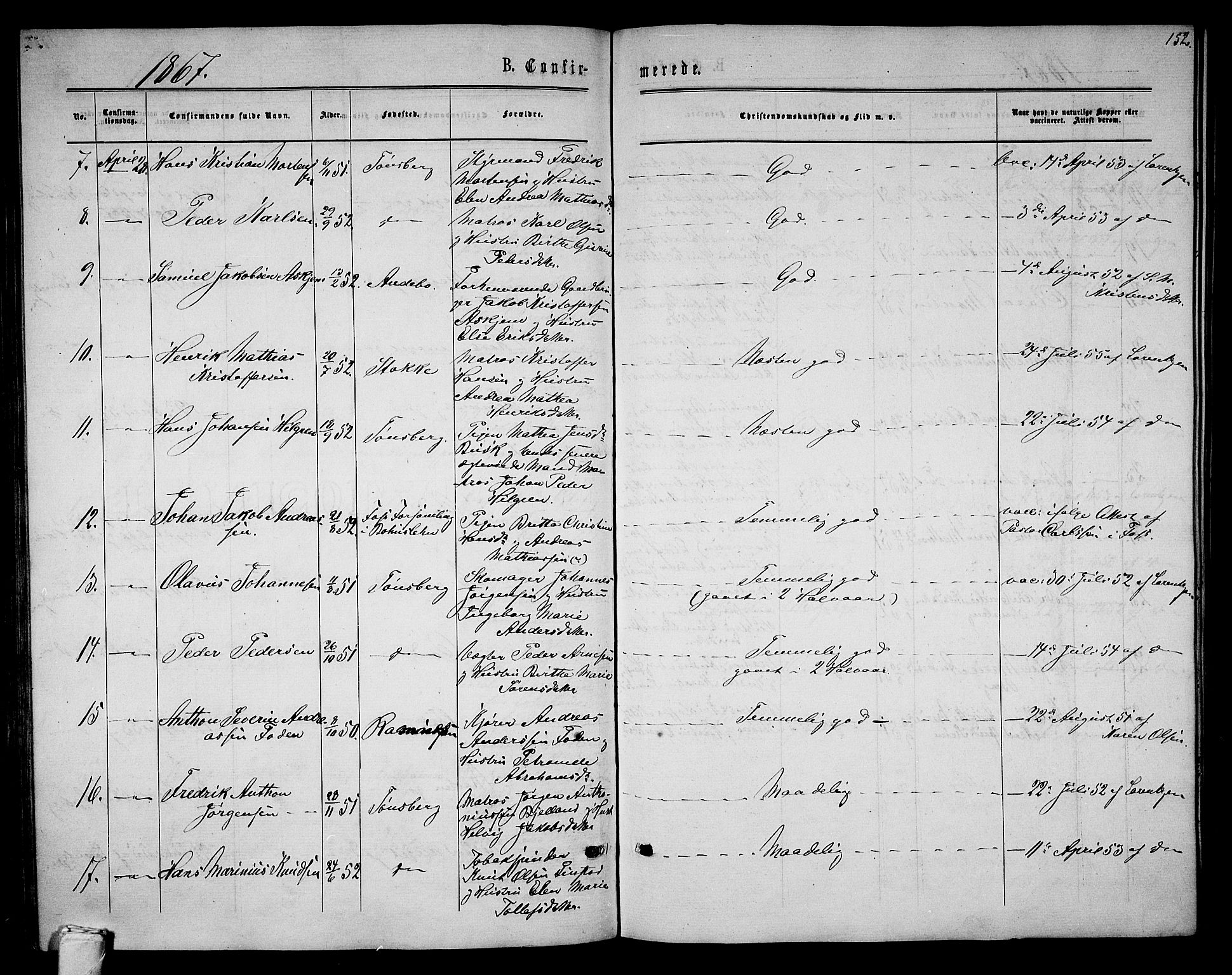 Tønsberg kirkebøker, SAKO/A-330/G/Ga/L0004: Parish register (copy) no. 4, 1865-1874, p. 152