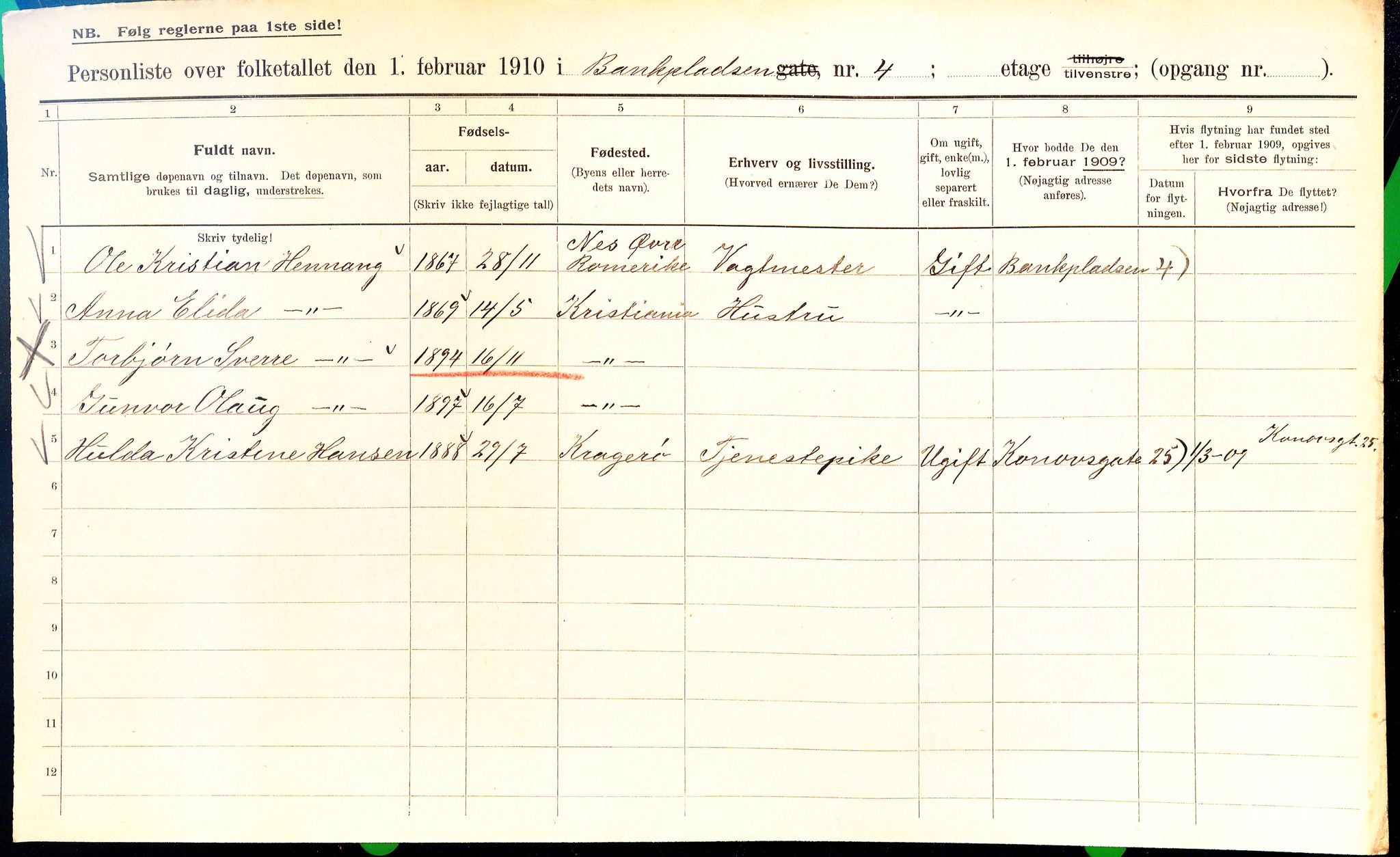 OBA, Municipal Census 1910 for Kristiania, 1910, p. 3211