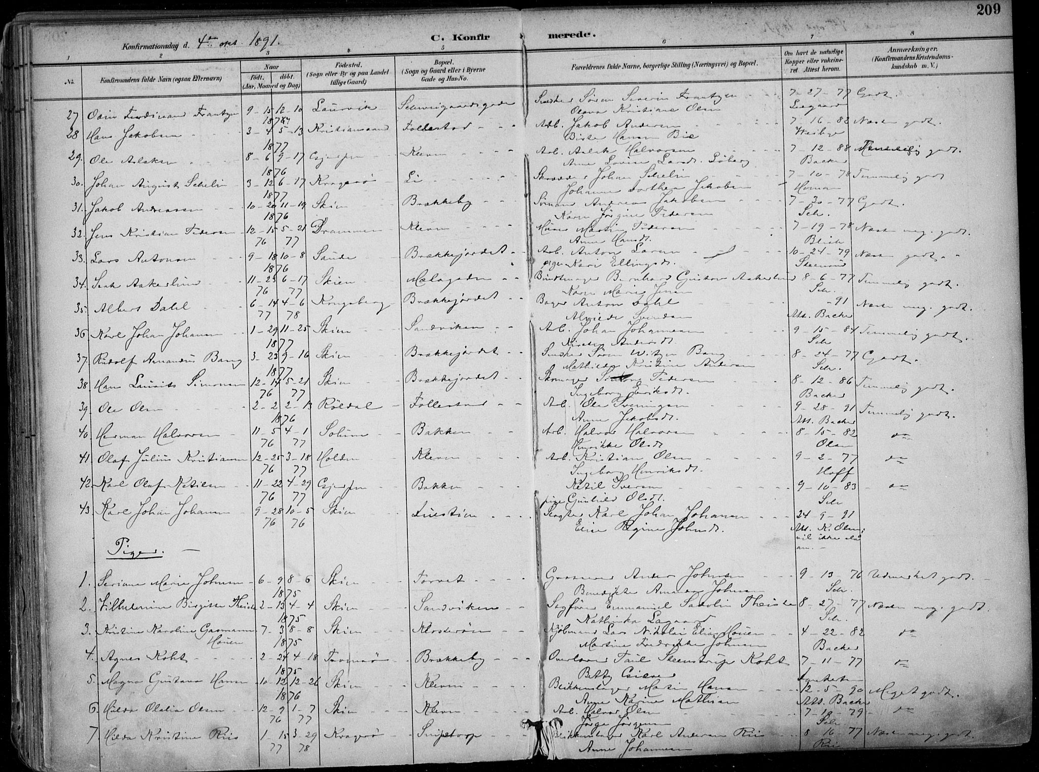 Skien kirkebøker, AV/SAKO-A-302/F/Fa/L0010: Parish register (official) no. 10, 1891-1899, p. 209