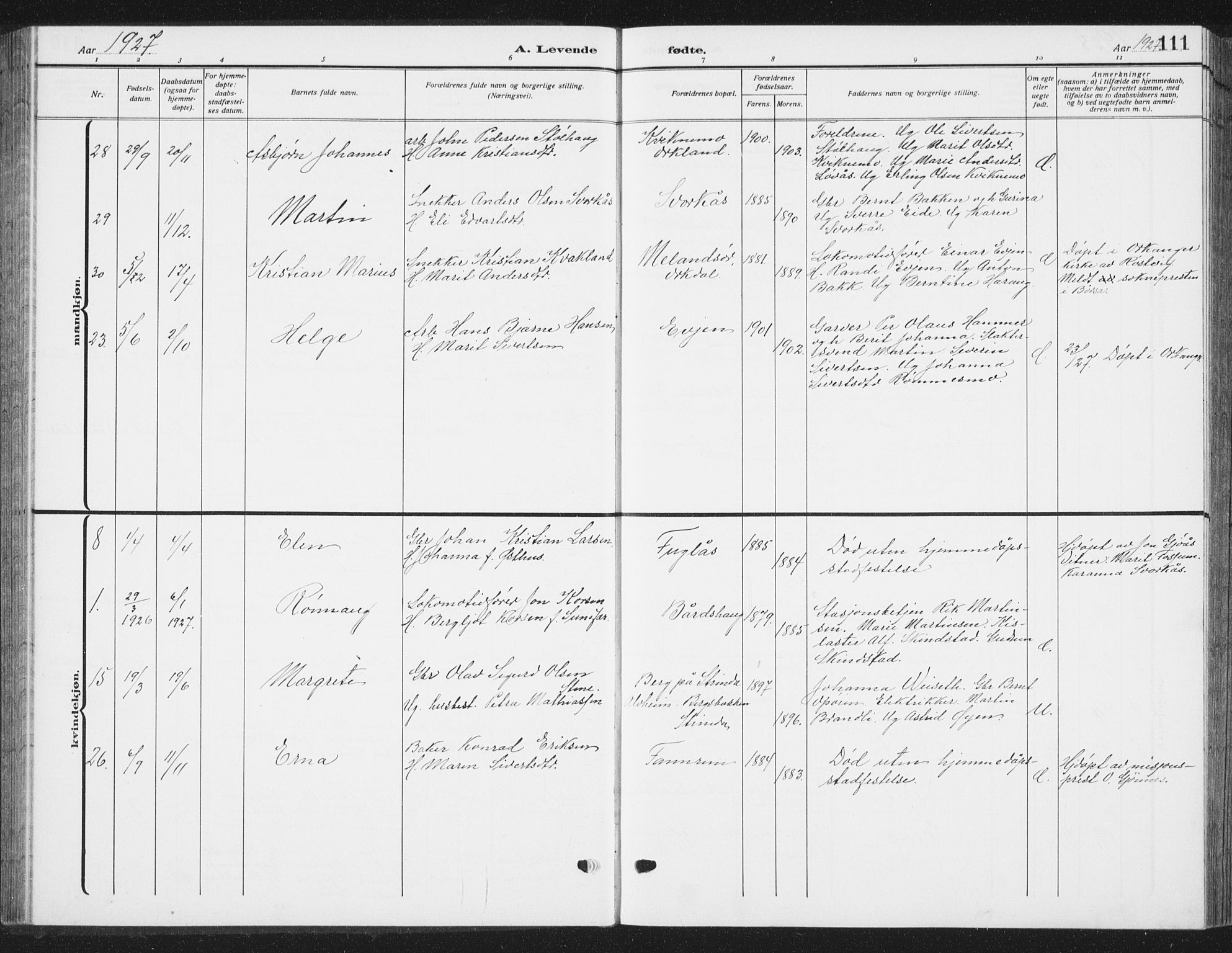 Ministerialprotokoller, klokkerbøker og fødselsregistre - Sør-Trøndelag, SAT/A-1456/668/L0820: Parish register (copy) no. 668C09, 1912-1936, p. 111