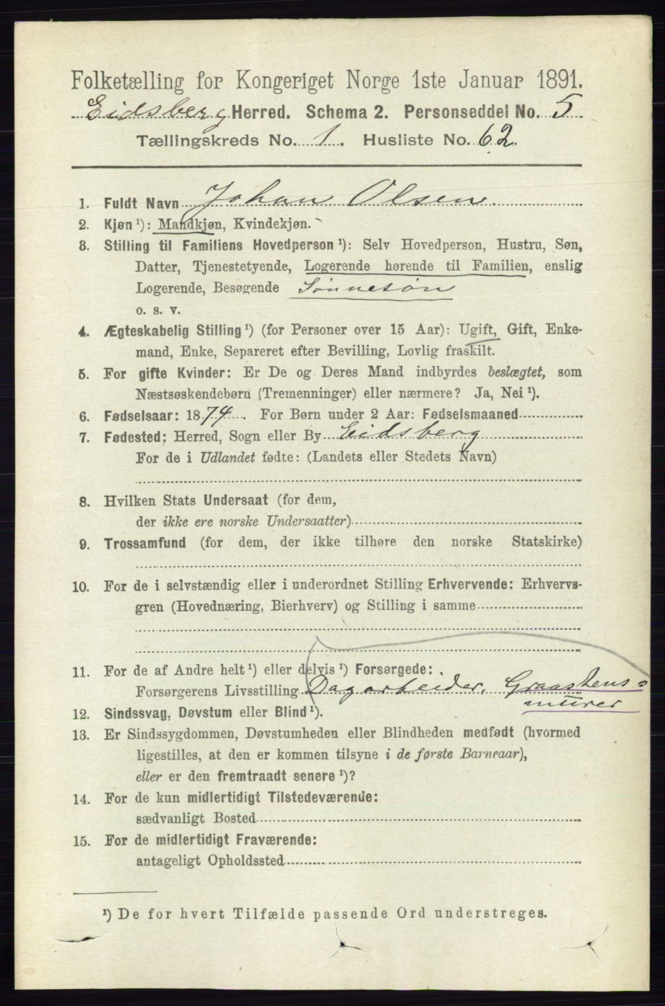 RA, 1891 census for 0125 Eidsberg, 1891, p. 529