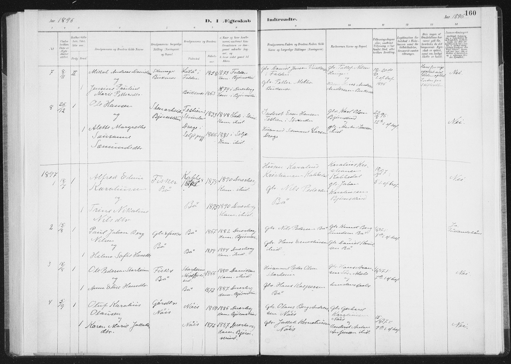 Ministerialprotokoller, klokkerbøker og fødselsregistre - Nordland, SAT/A-1459/898/L1422: Parish register (official) no. 898A02, 1887-1908, p. 160