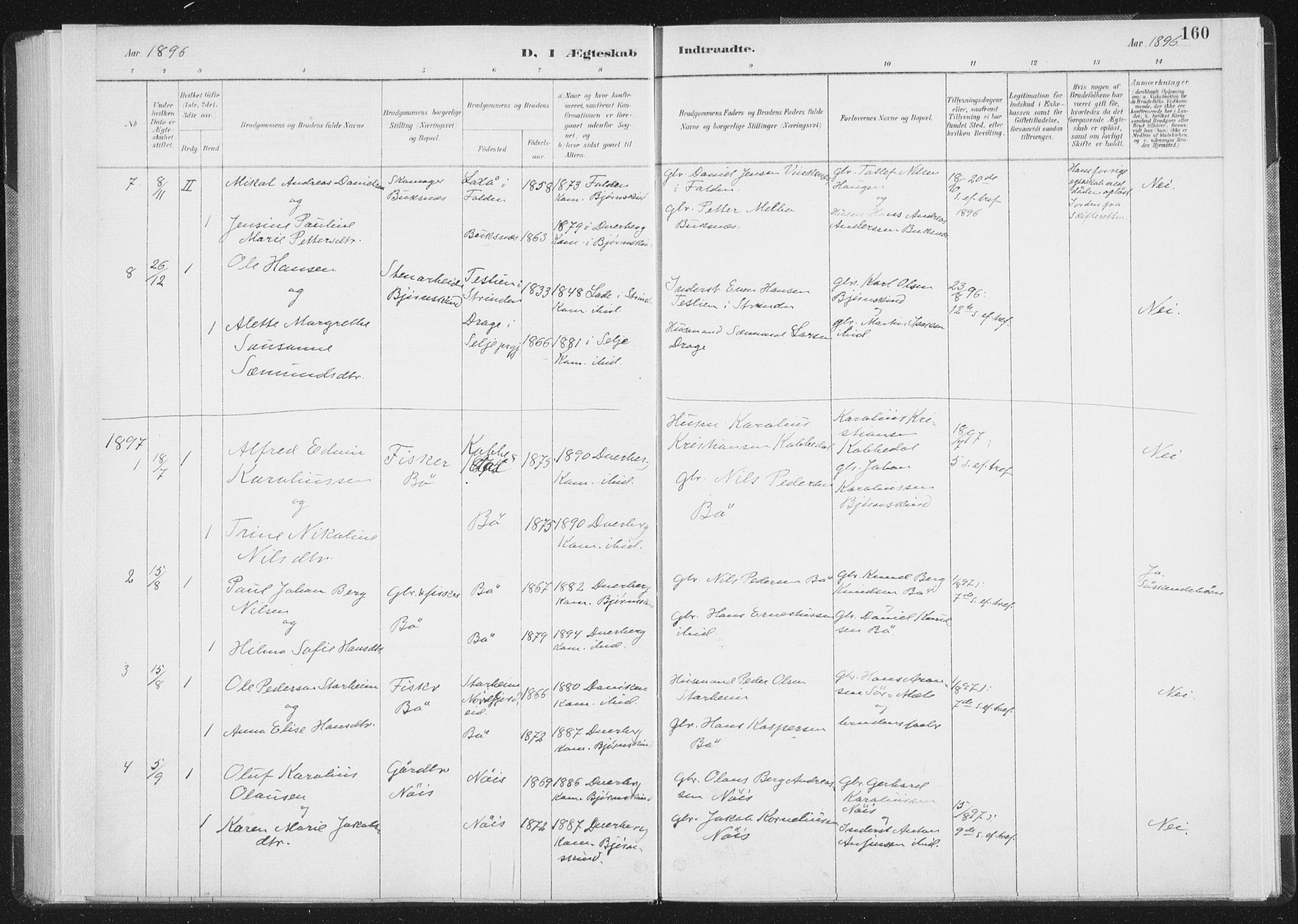 Ministerialprotokoller, klokkerbøker og fødselsregistre - Nordland, AV/SAT-A-1459/898/L1422: Parish register (official) no. 898A02, 1887-1908, p. 160