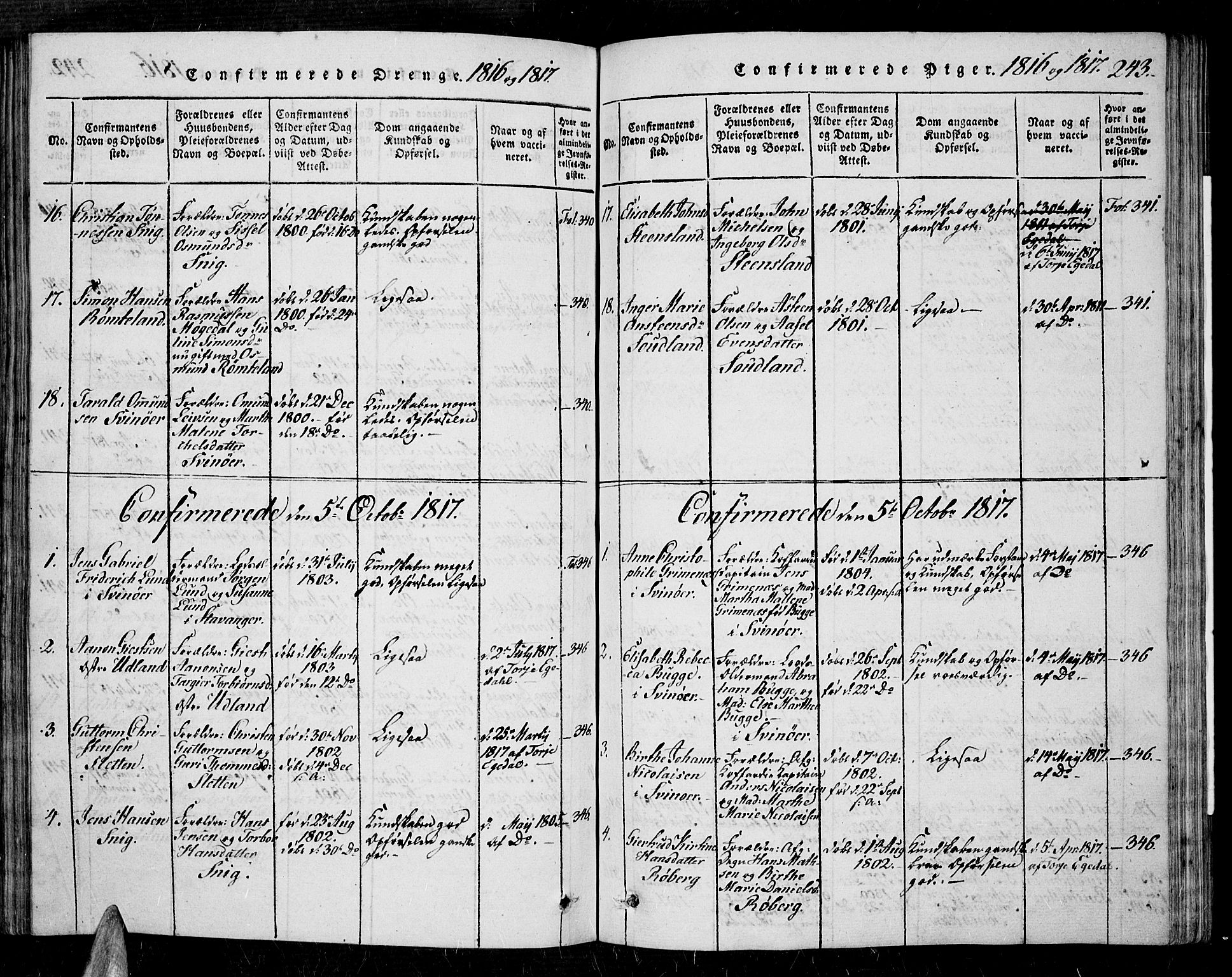 Sør-Audnedal sokneprestkontor, AV/SAK-1111-0039/F/Fa/Fab/L0005: Parish register (official) no. A 5, 1816-1830, p. 243