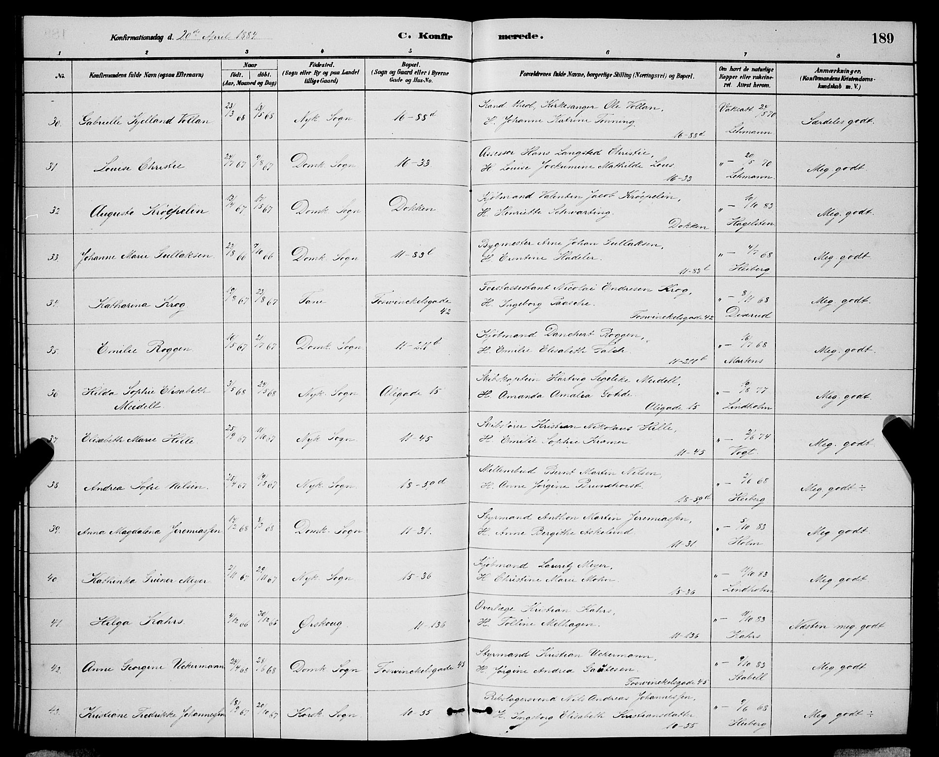 Domkirken sokneprestembete, AV/SAB-A-74801/H/Hab/L0024: Parish register (copy) no. C 4, 1880-1899, p. 189