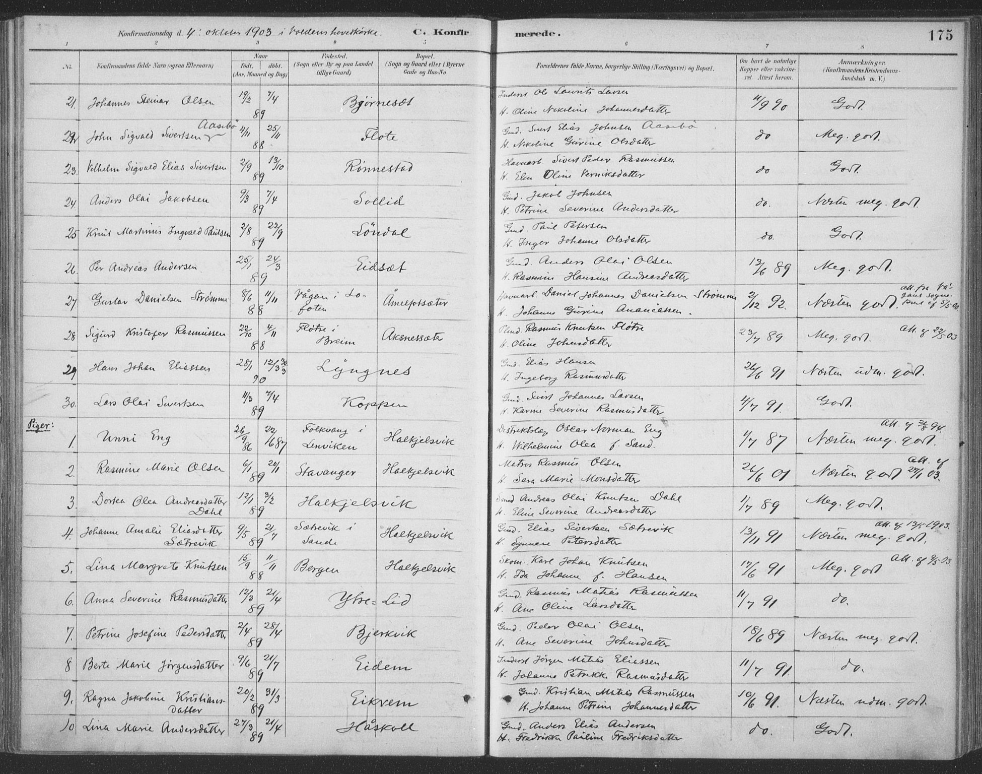 Ministerialprotokoller, klokkerbøker og fødselsregistre - Møre og Romsdal, AV/SAT-A-1454/511/L0142: Parish register (official) no. 511A09, 1891-1905, p. 175