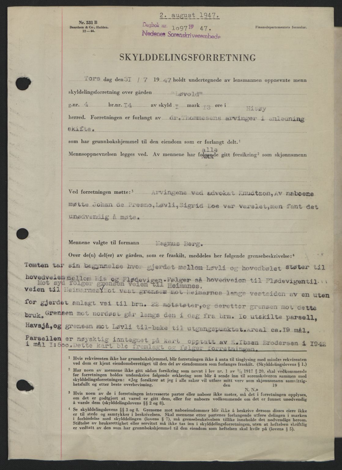 Nedenes sorenskriveri, SAK/1221-0006/G/Gb/Gba/L0057: Mortgage book no. A9, 1947-1947, Diary no: : 1097/1947