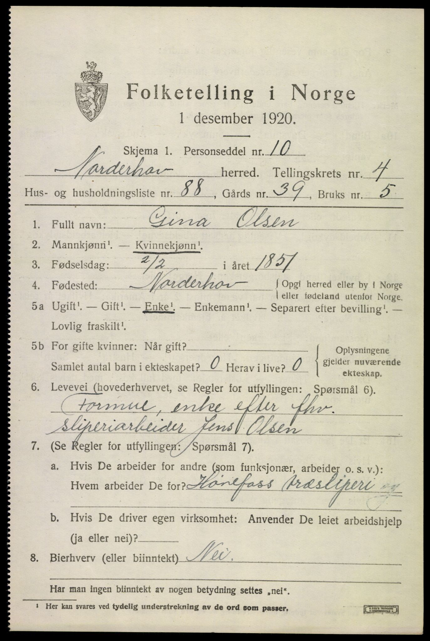 SAKO, 1920 census for Norderhov, 1920, p. 7397