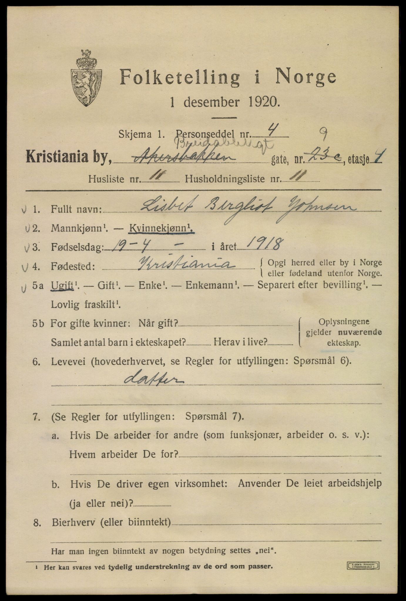 SAO, 1920 census for Kristiania, 1920, p. 171761