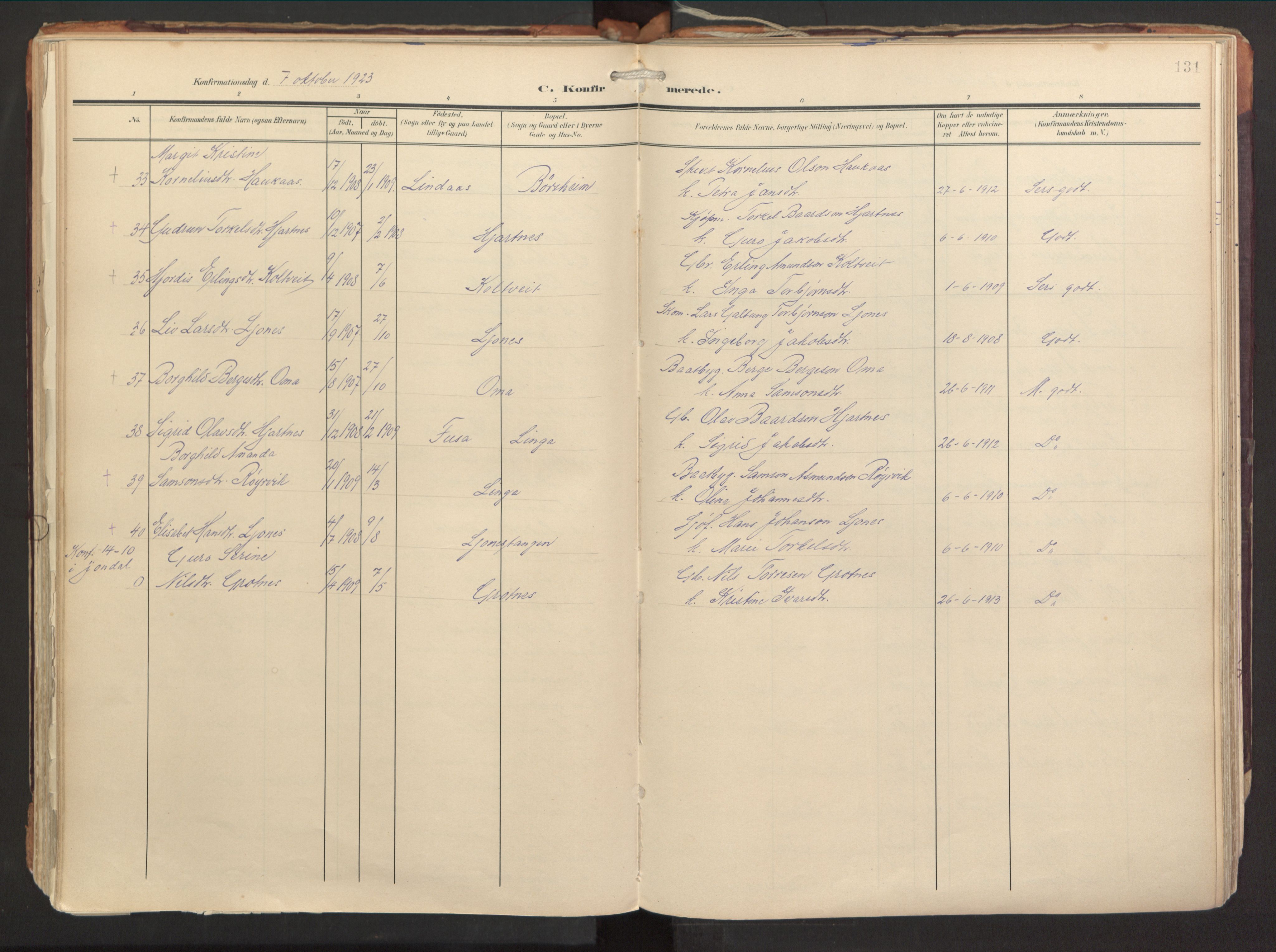 Strandebarm sokneprestembete, SAB/A-78401/H/Haa: Parish register (official) no. B 2, 1909-1941, p. 131