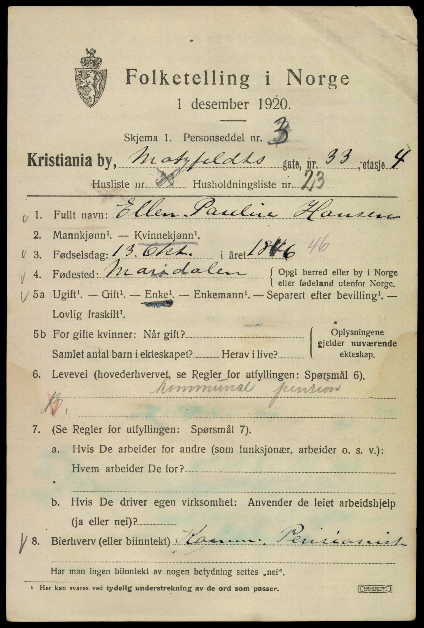 SAO, 1920 census for Kristiania, 1920, p. 400223