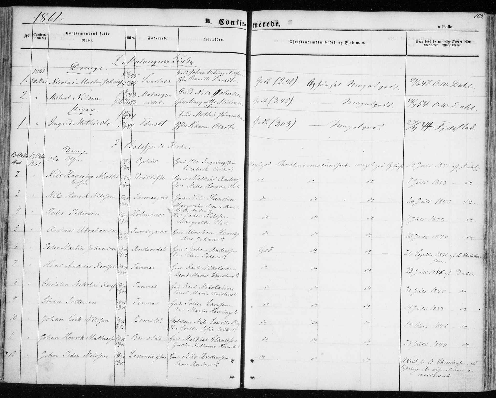 Balsfjord sokneprestembete, SATØ/S-1303/G/Ga/L0003kirke: Parish register (official) no. 3, 1856-1870, p. 105