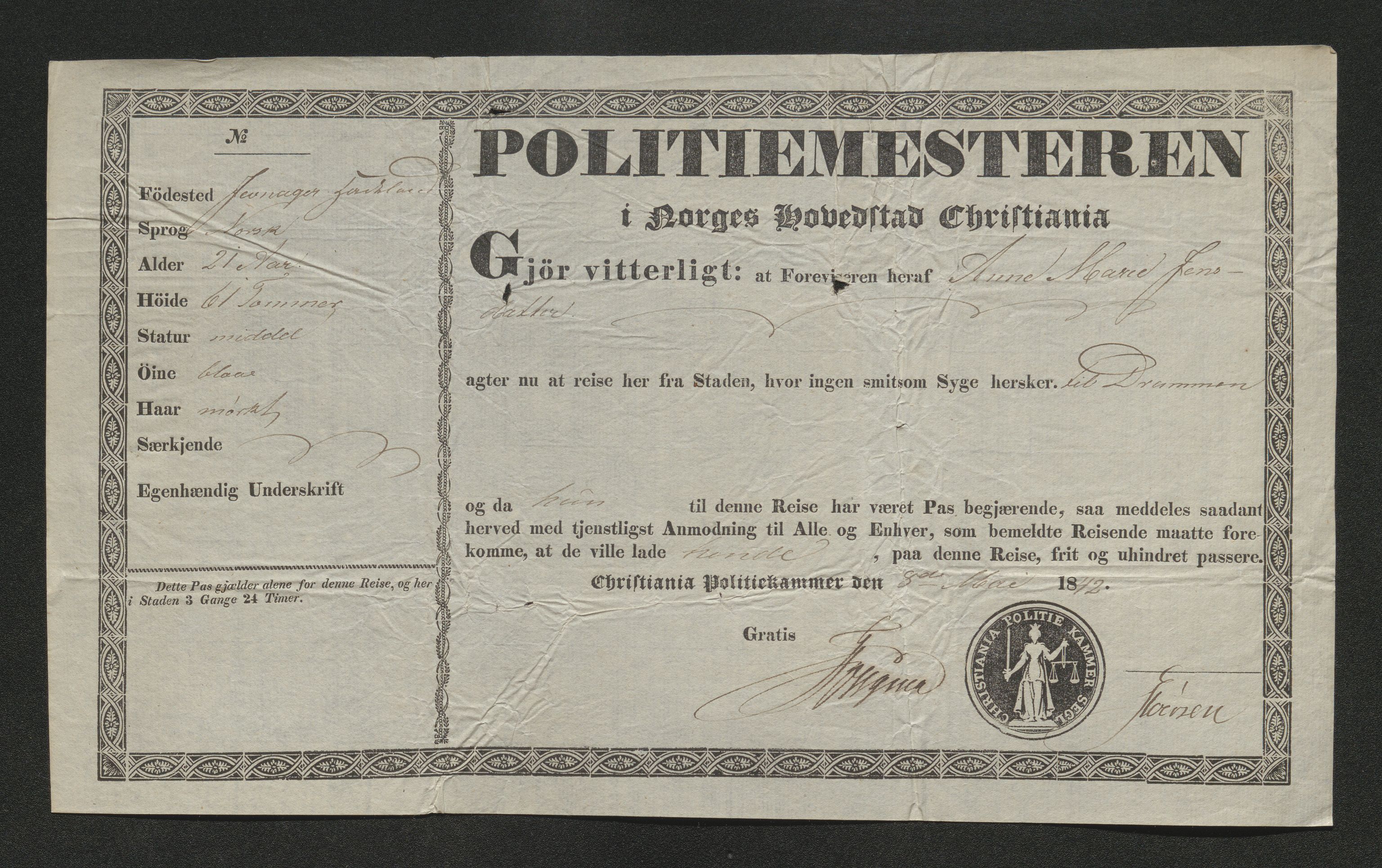 Drammen politikammer, SAKO/A-623/I/Ia/Iab/L0006: Innleverte pass, 1841-1842, p. 435