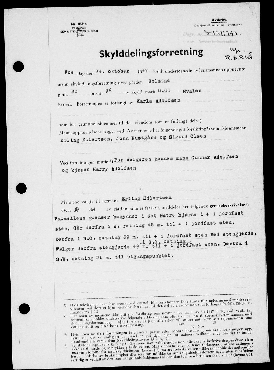 Onsøy sorenskriveri, SAO/A-10474/G/Ga/Gab/L0021: Mortgage book no. II A-21, 1947-1947, Diary no: : 3012/1947