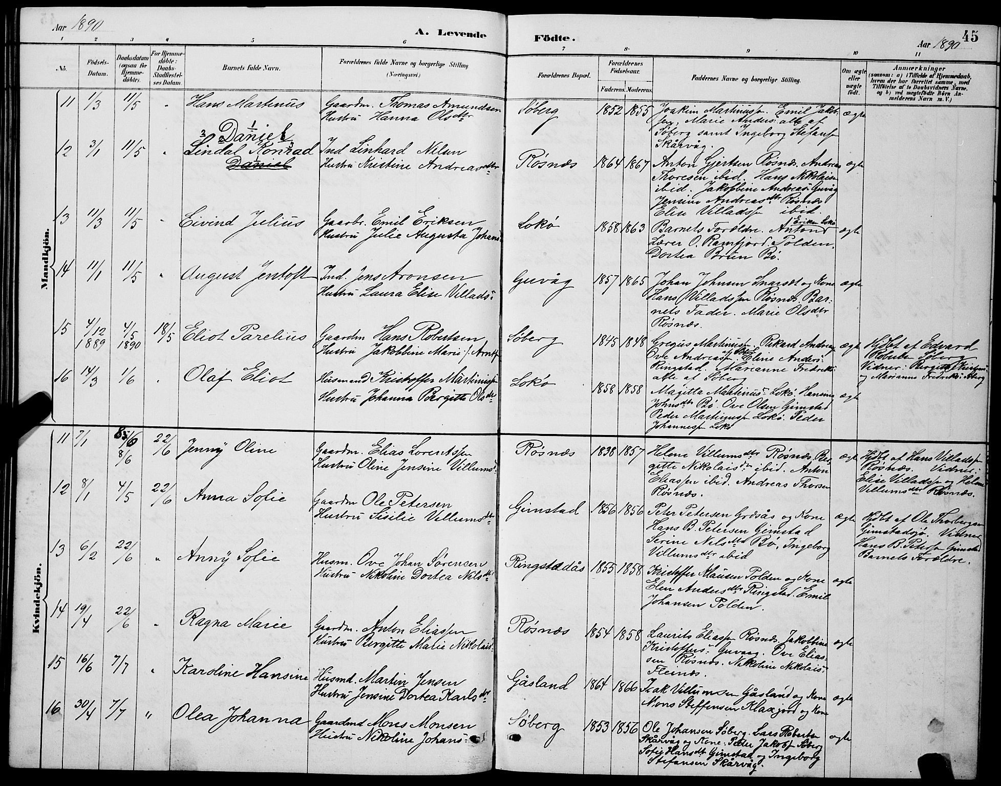 Ministerialprotokoller, klokkerbøker og fødselsregistre - Nordland, AV/SAT-A-1459/891/L1315: Parish register (copy) no. 891C04, 1886-1893, p. 45