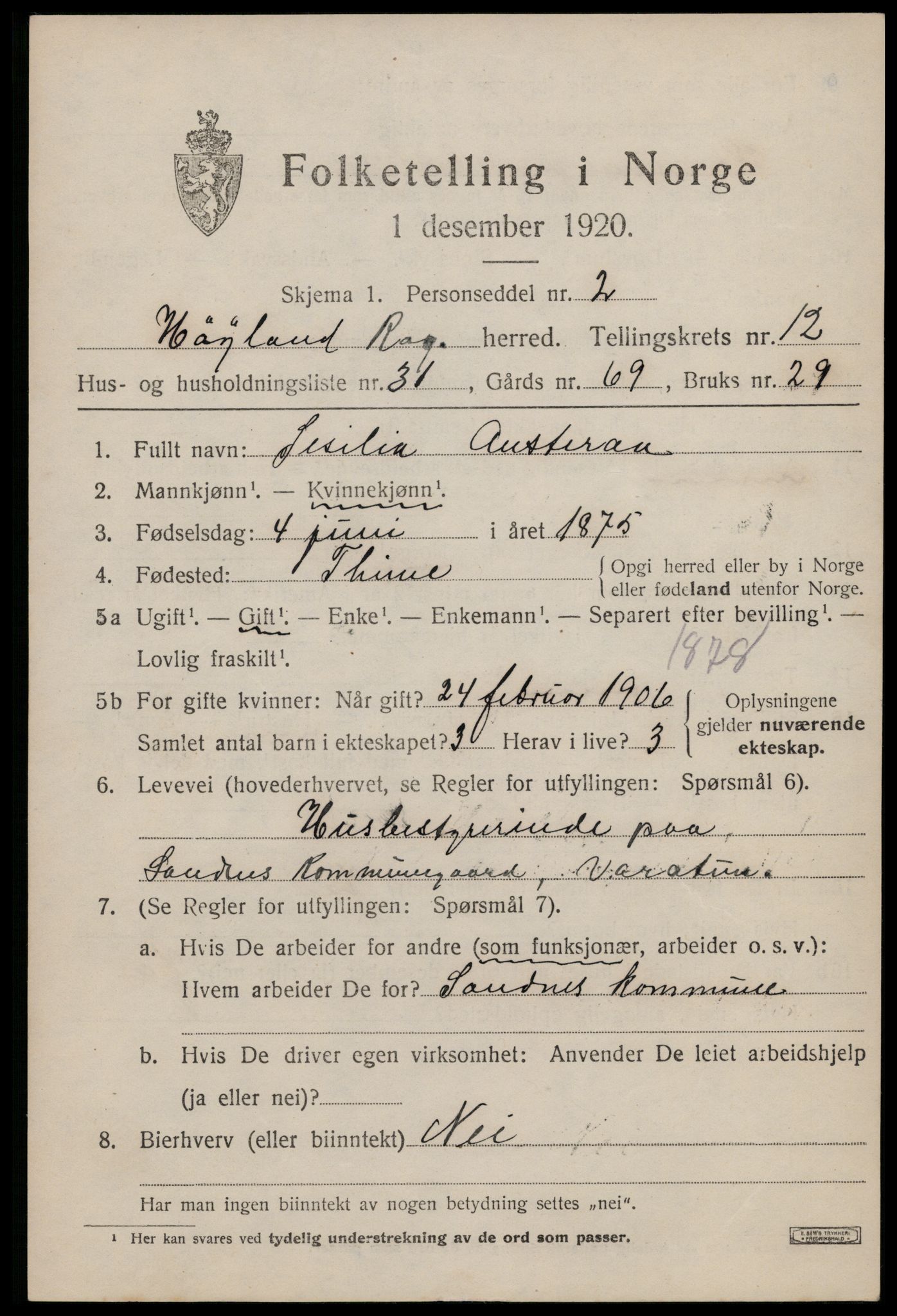 SAST, 1920 census for Høyland, 1920, p. 9704