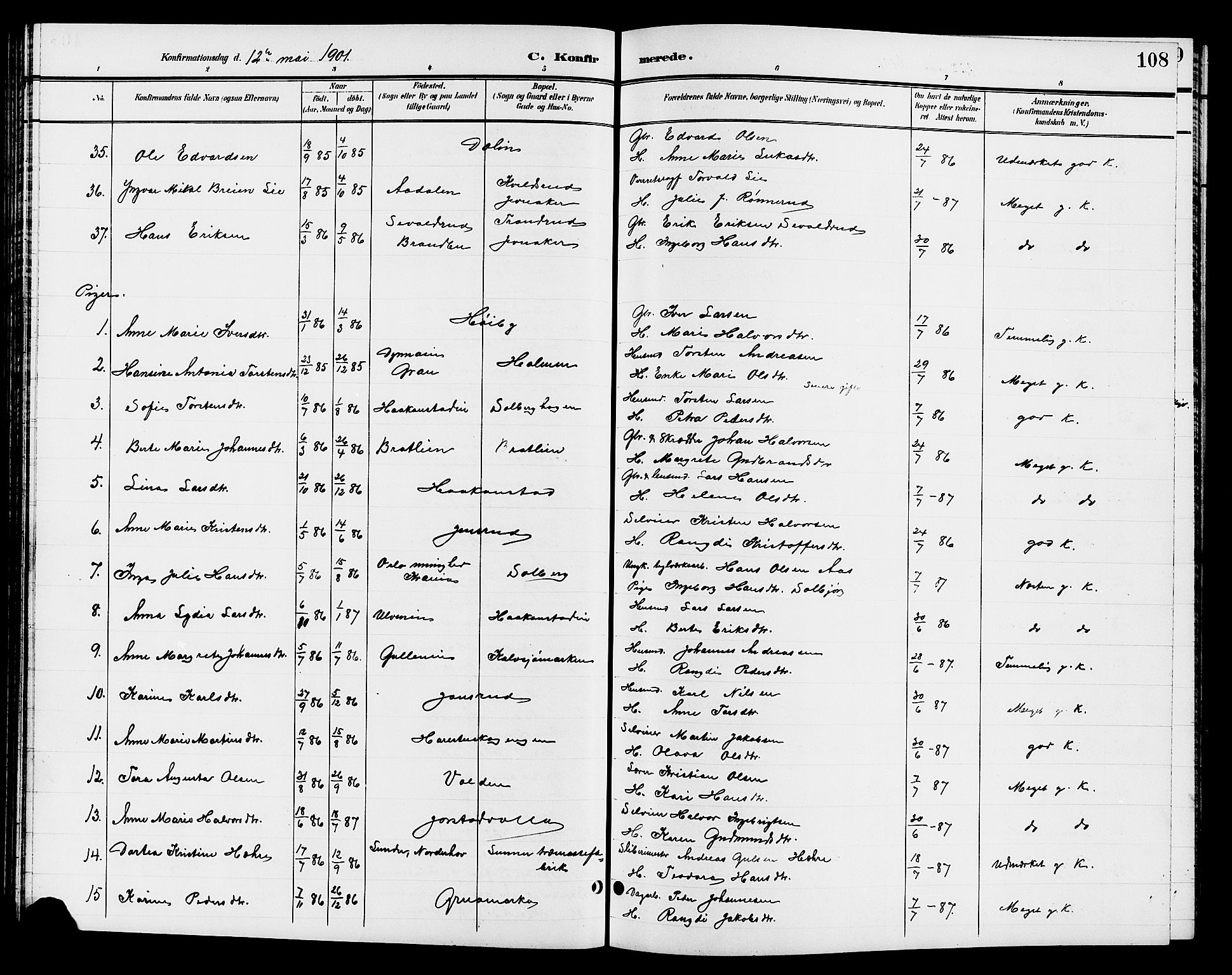 Jevnaker prestekontor, AV/SAH-PREST-116/H/Ha/Hab/L0003: Parish register (copy) no. 3, 1896-1909, p. 108